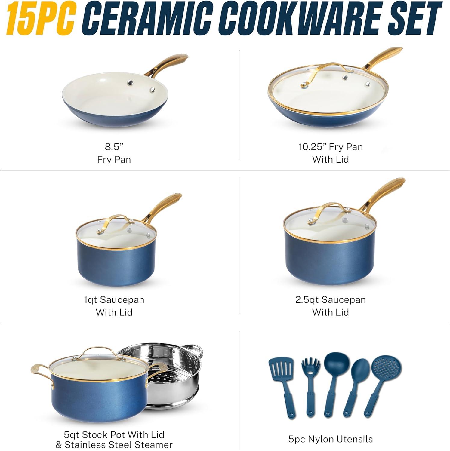 image:imageGOTHAM STEEL 13 Pc Ceramic Cookware Set Nonstick Copper Pots and Pans Set Non Stick for Kitchen Anodized Induction Pots and Pans for Cooking Non Toxic Cookware Sets Oven amp Dishwasher SafeNavy Gold