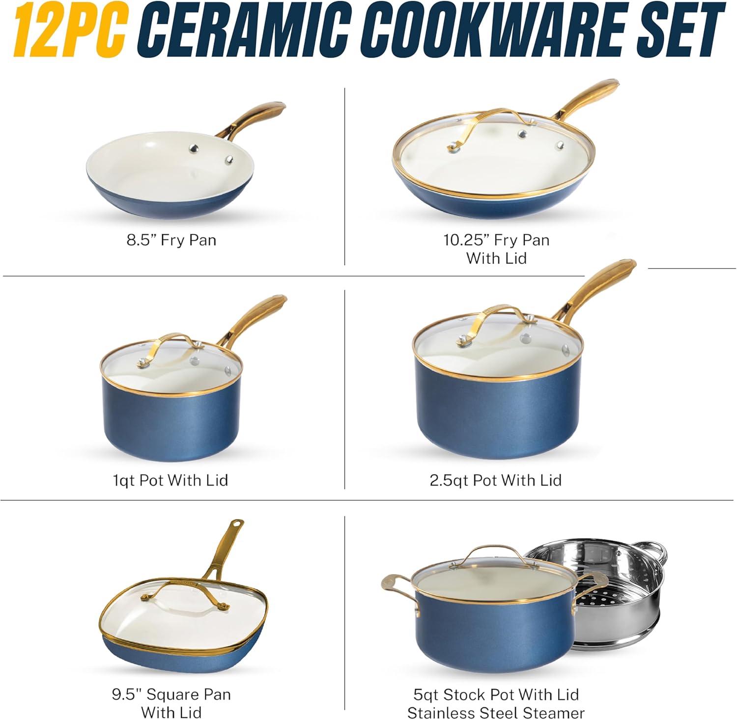image:imageGOTHAM STEEL 13 Pc Ceramic Cookware Set Nonstick Copper Pots and Pans Set Non Stick for Kitchen Anodized Induction Pots and Pans for Cooking Non Toxic Cookware Sets Oven amp Dishwasher SafeNavy Gold
