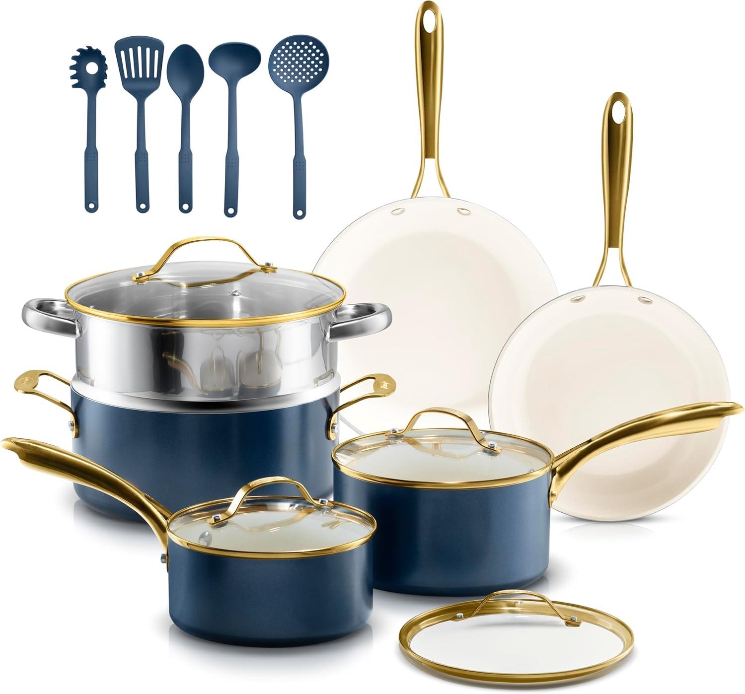 image:imageGOTHAM STEEL 13 Pc Ceramic Cookware Set Nonstick Copper Pots and Pans Set Non Stick for Kitchen Anodized Induction Pots and Pans for Cooking Non Toxic Cookware Sets Oven amp Dishwasher SafeNavy Gold
