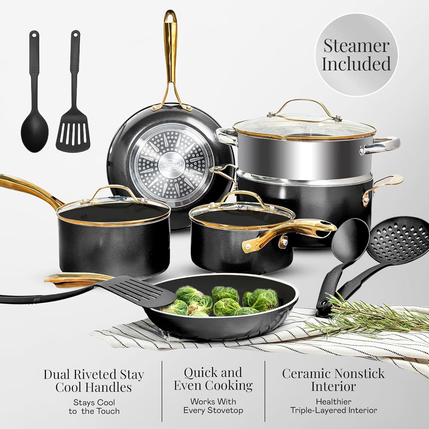 image:imageGOTHAM STEEL 13 Pc Ceramic Cookware Set Nonstick Copper Pots and Pans Set Non Stick for Kitchen Anodized Induction Pots and Pans for Cooking Non Toxic Cookware Sets Oven amp Dishwasher SafeGold Black