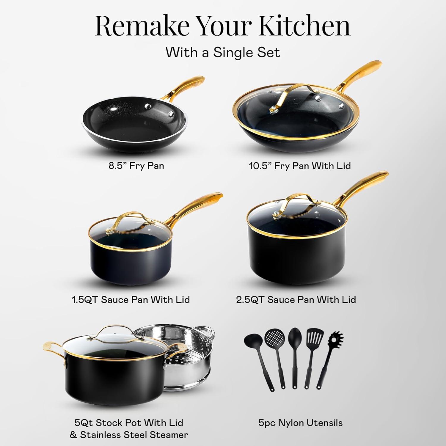 image:imageGOTHAM STEEL 13 Pc Ceramic Cookware Set Nonstick Copper Pots and Pans Set Non Stick for Kitchen Anodized Induction Pots and Pans for Cooking Non Toxic Cookware Sets Oven amp Dishwasher SafeGold Black