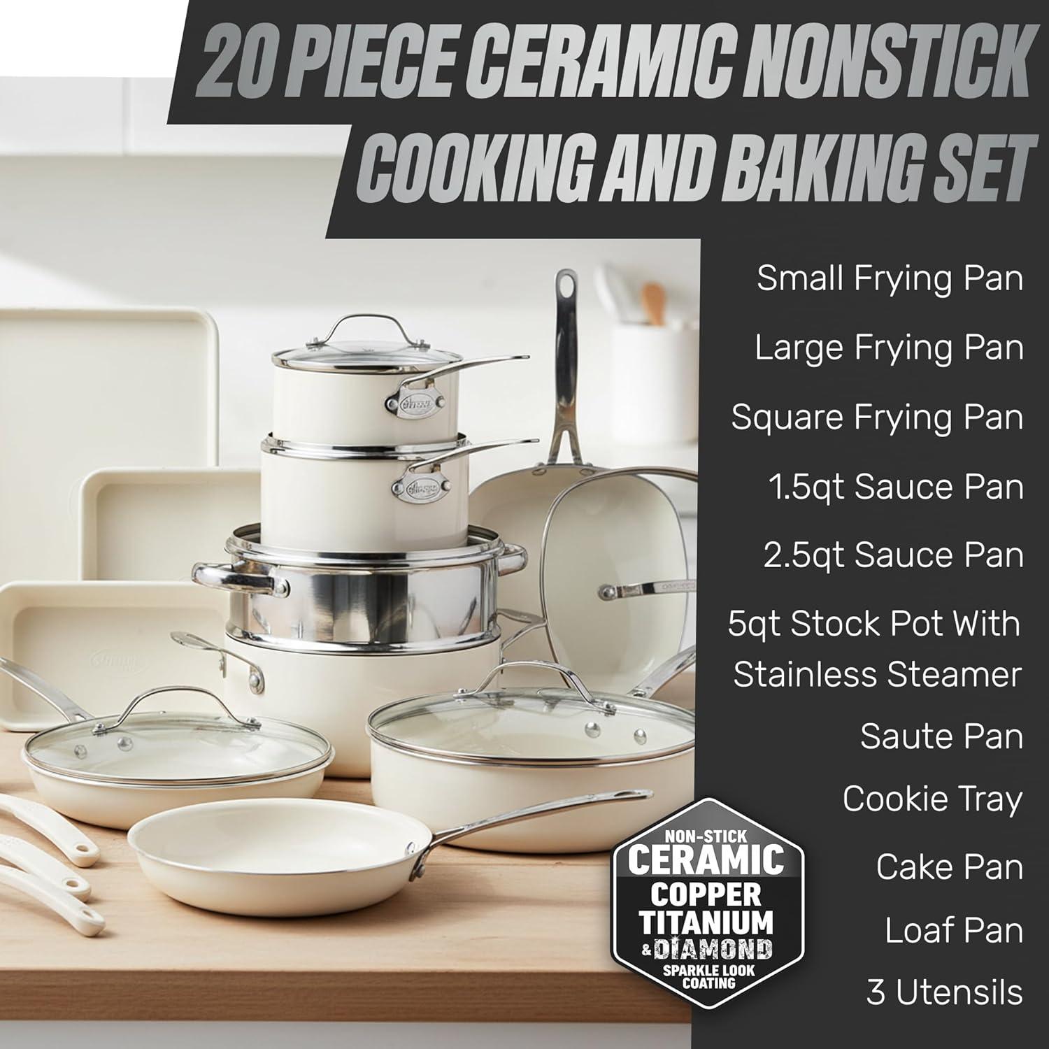 image:imageGOTHAM STEEL 20 Pc Ceramic Cookware Set Nonstick Ceramic Pots and Pans Set Non Stick for Kitchen with Bakeware Cooking Utensils amp Steamer Non Toxic PFOA PFOS Free Oven amp Dishwasher Safe