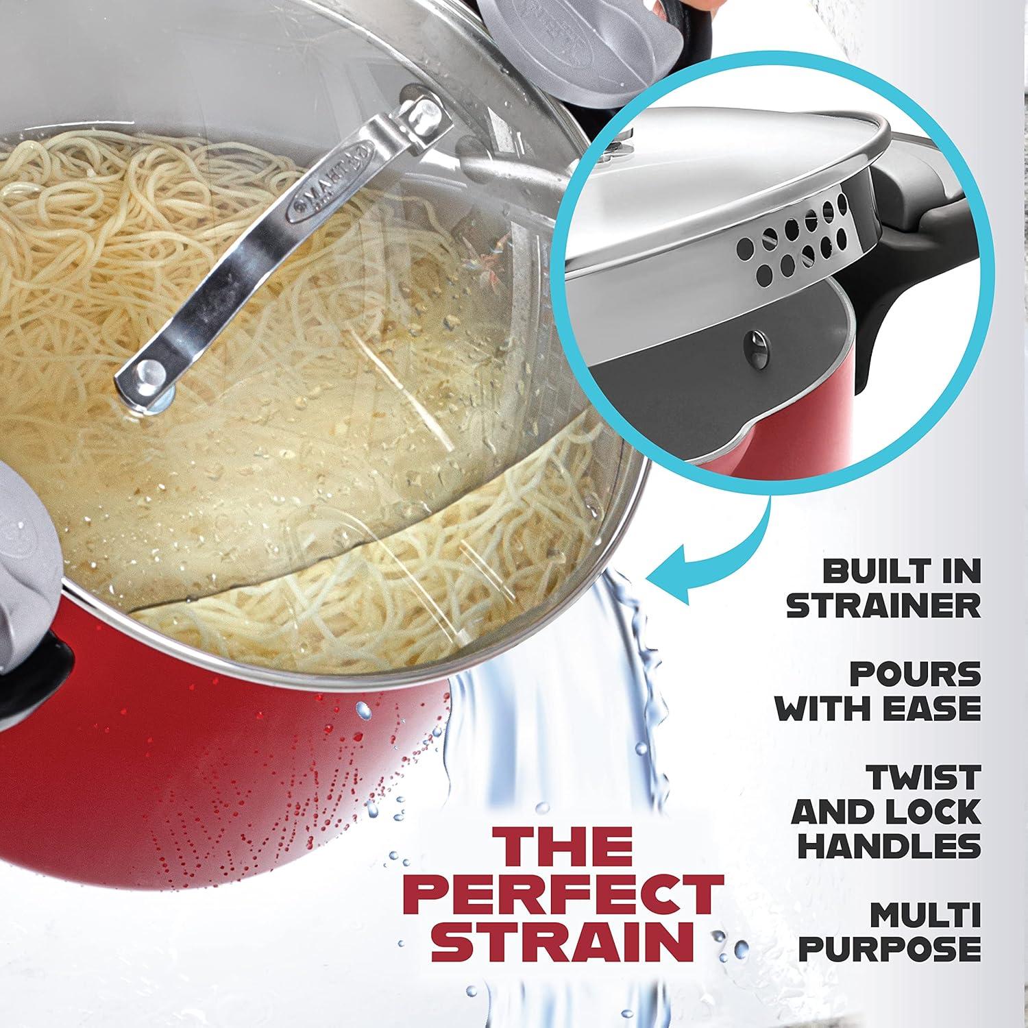 image:imageGOTHAM STEEL 5 Qt Ceramic Stock Pot Multipurpose Pasta Pot with Strainer Lid amp Twist and Lock Handles Nonstick Ceramic Pot for Soup Spaghetti Rice Pots for Kitchen Dishwasher Safe CreamRed
