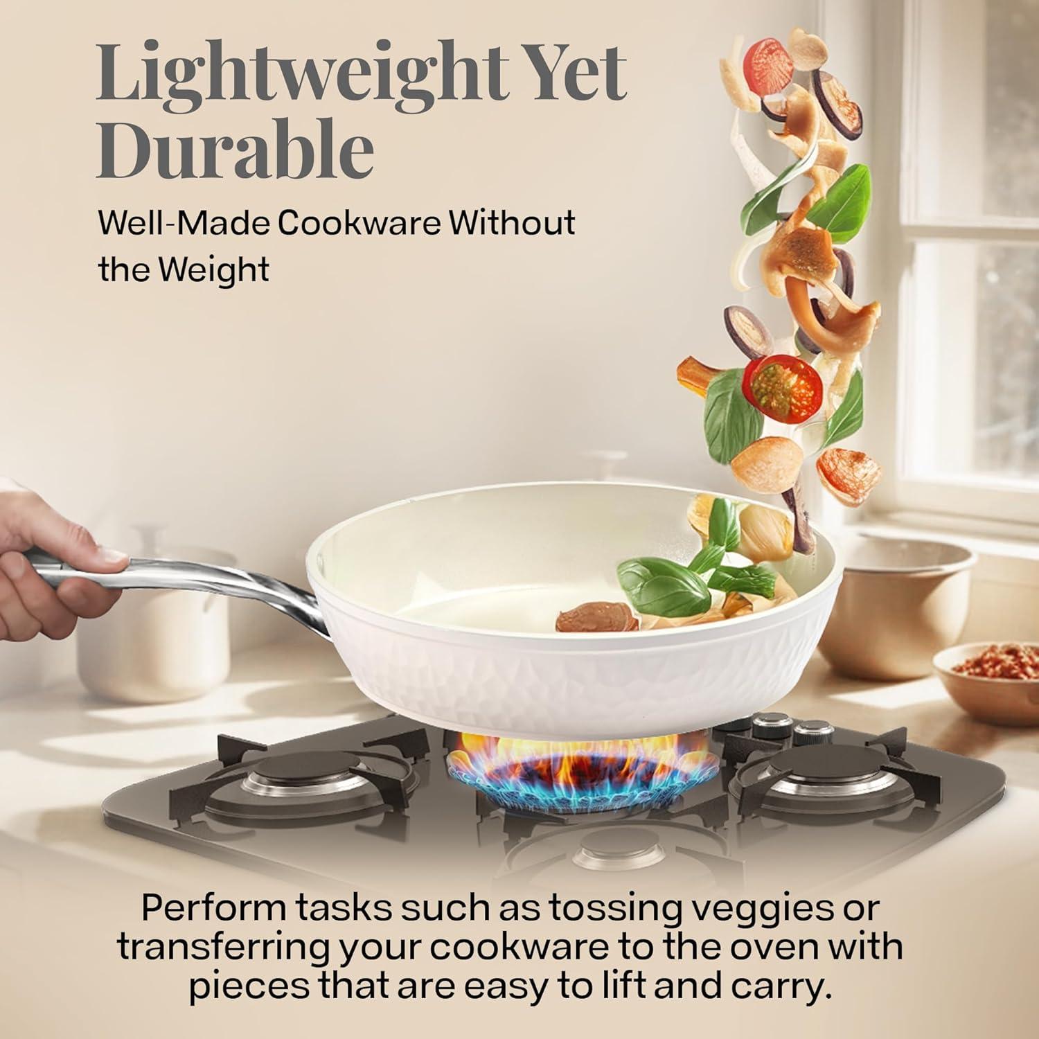 image:imageGOTHAM STEEL Hammered 10 Inch Non Stick Frying Pans with Lid Frying Pans Nonstick with Lid Non Toxic PFOA PFOS Free Skillet Pan for Cooking Induction Oven and Dishwasher Safe Cream