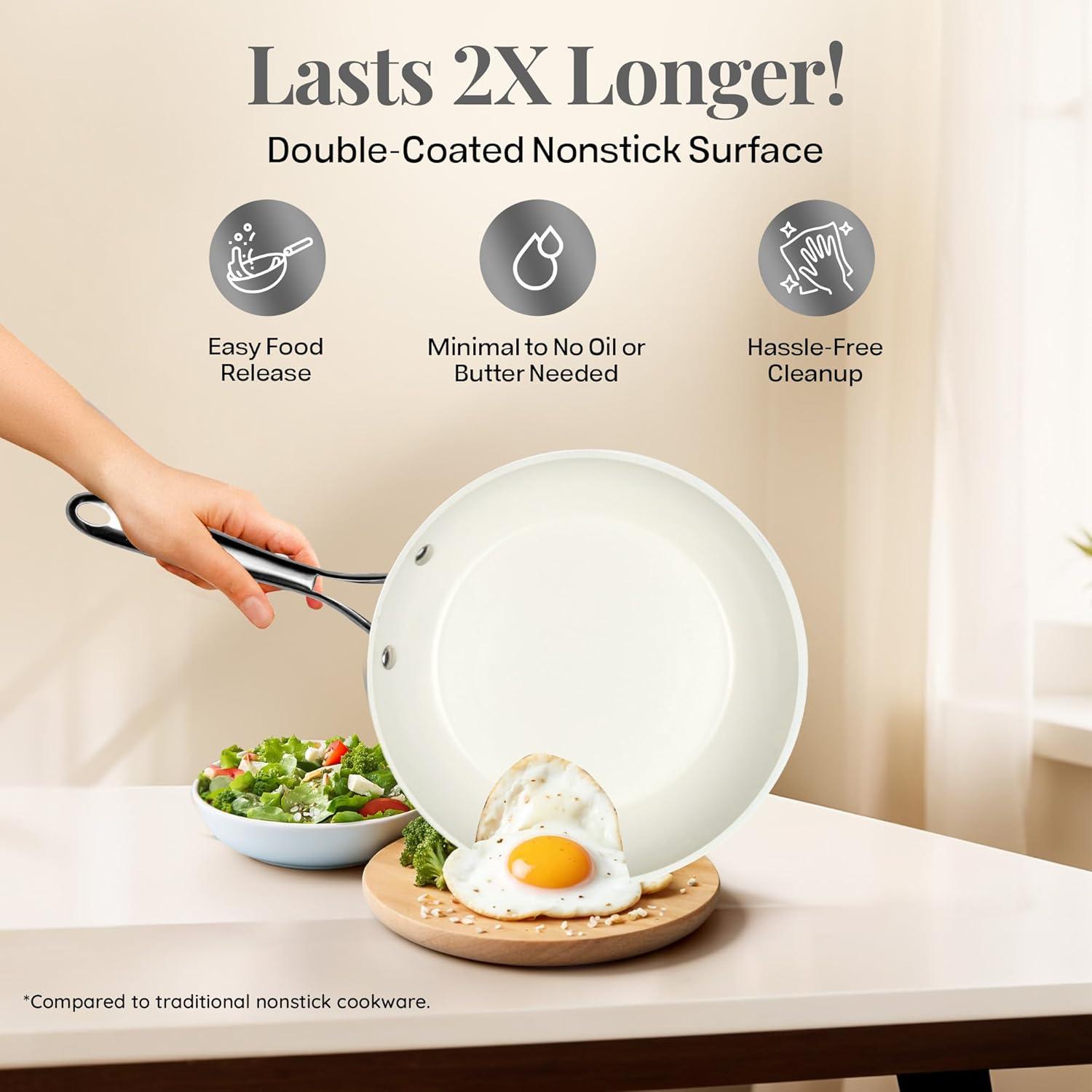 image:imageGOTHAM STEEL Hammered 10 Inch Non Stick Frying Pans with Lid Frying Pans Nonstick with Lid Non Toxic PFOA PFOS Free Skillet Pan for Cooking Induction Oven and Dishwasher Safe Cream