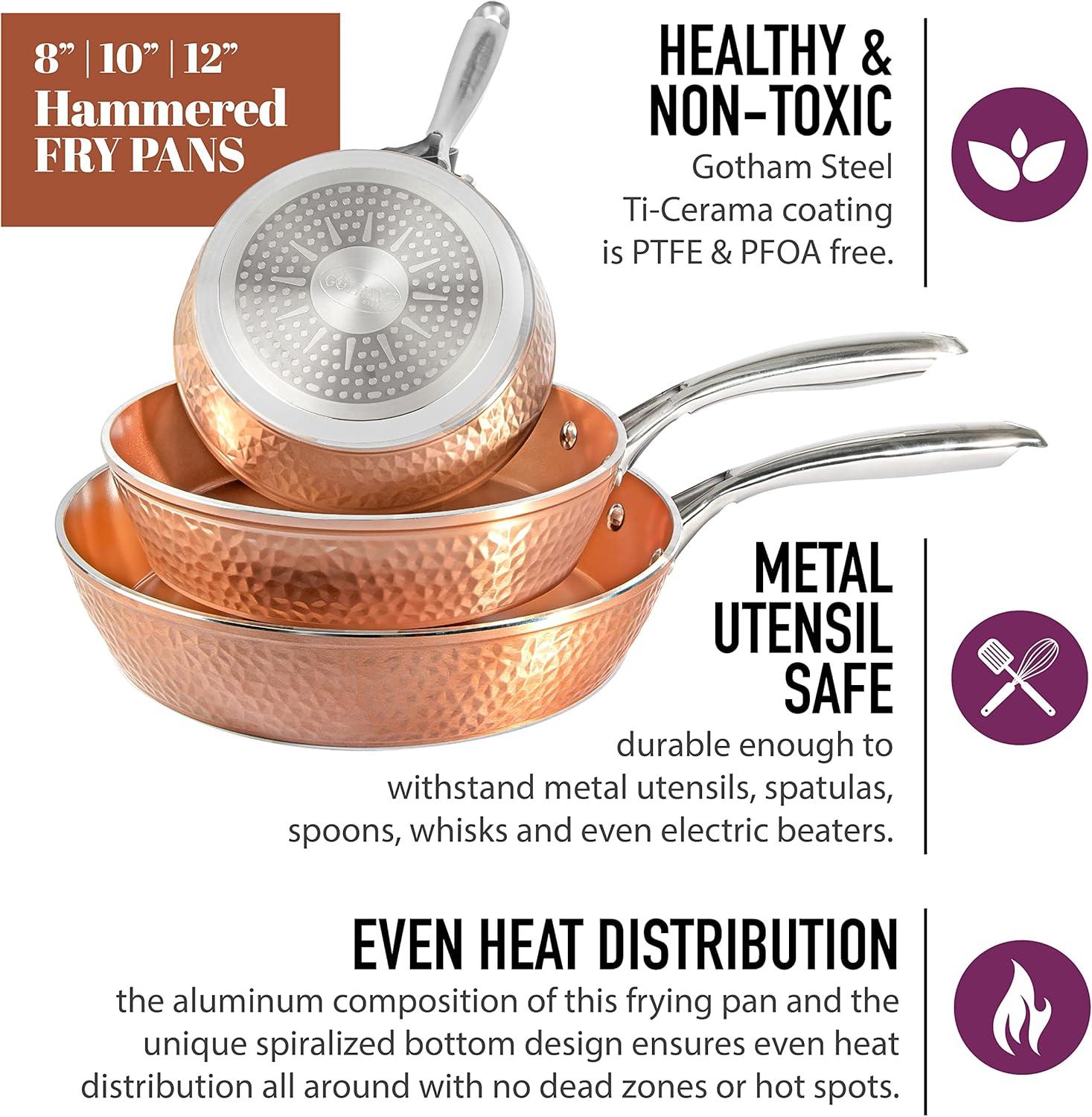 image:imageGOTHAM STEEL Hammered Copper 12 Inch Non Stick Frying Pans with Lid Frying Pans Nonstick with Lid Non Toxic Ceramic Pan for Cooking Nonstick Frying Pan Induction Pan Oven and Dishwasher Safe3 Piece Set 8 inch 10 inch 12 inch
