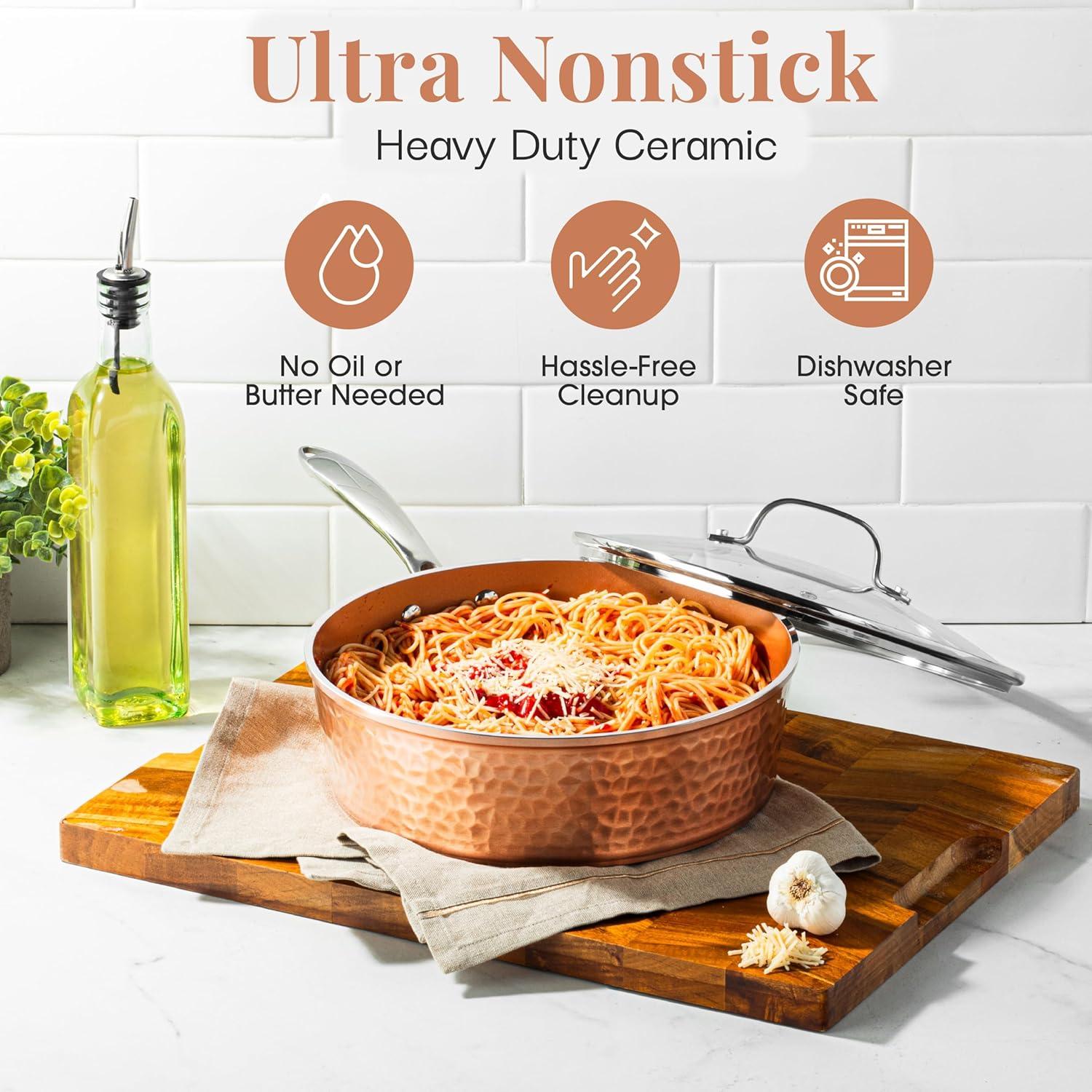 image:imageGOTHAM STEEL Hammered Copper 12 Inch Non Stick Frying Pans with Lid Frying Pans Nonstick with Lid Non Toxic Ceramic Pan for Cooking Nonstick Frying Pan Induction Pan Oven and Dishwasher Safe12 inch Saute Pan with Lid 4 Quart
