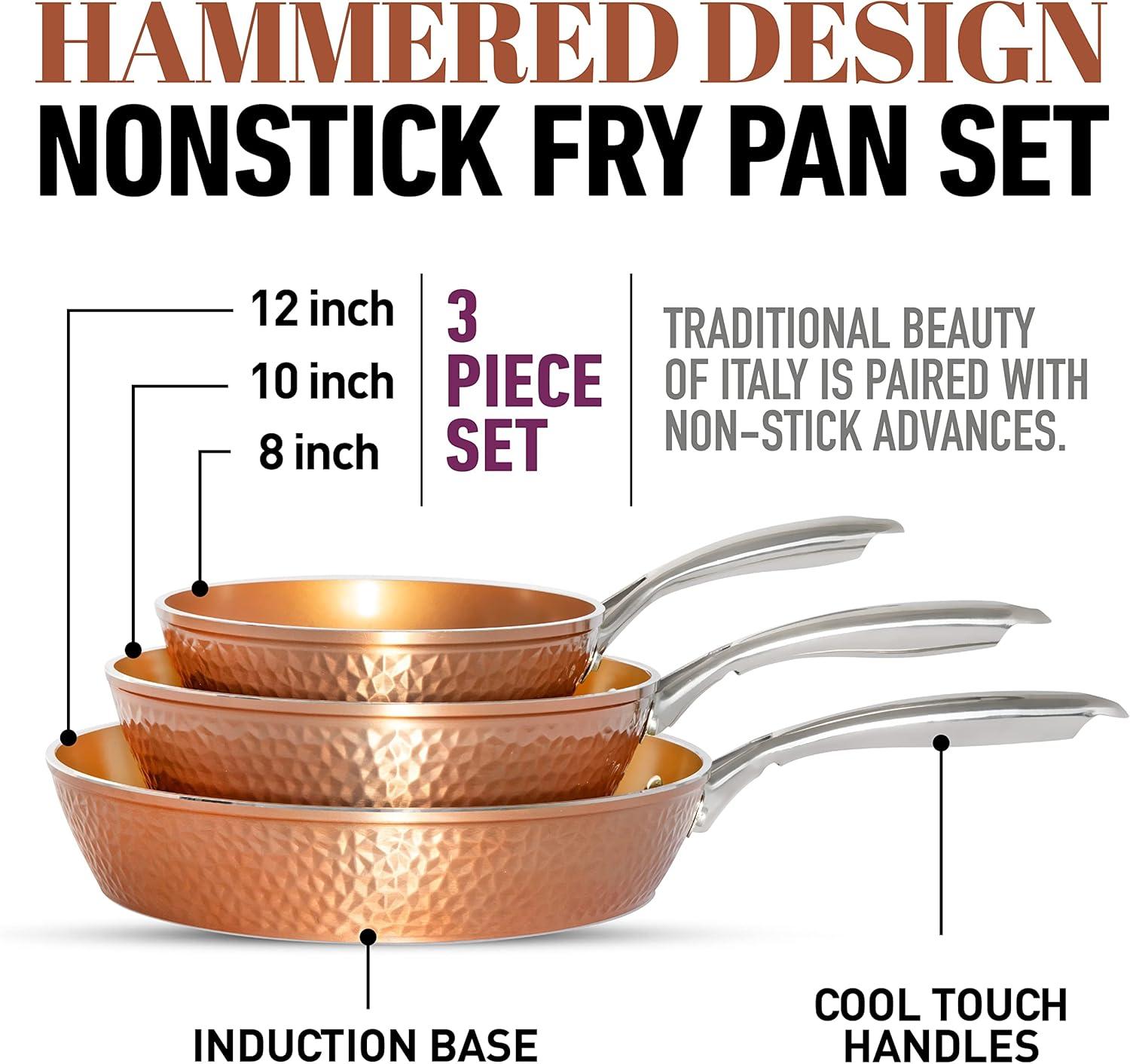 image:imageGOTHAM STEEL Hammered Copper 12 Inch Non Stick Frying Pans with Lid Frying Pans Nonstick with Lid Non Toxic Ceramic Pan for Cooking Nonstick Frying Pan Induction Pan Oven and Dishwasher Safe3 Piece Set 8 inch 10 inch 12 inch