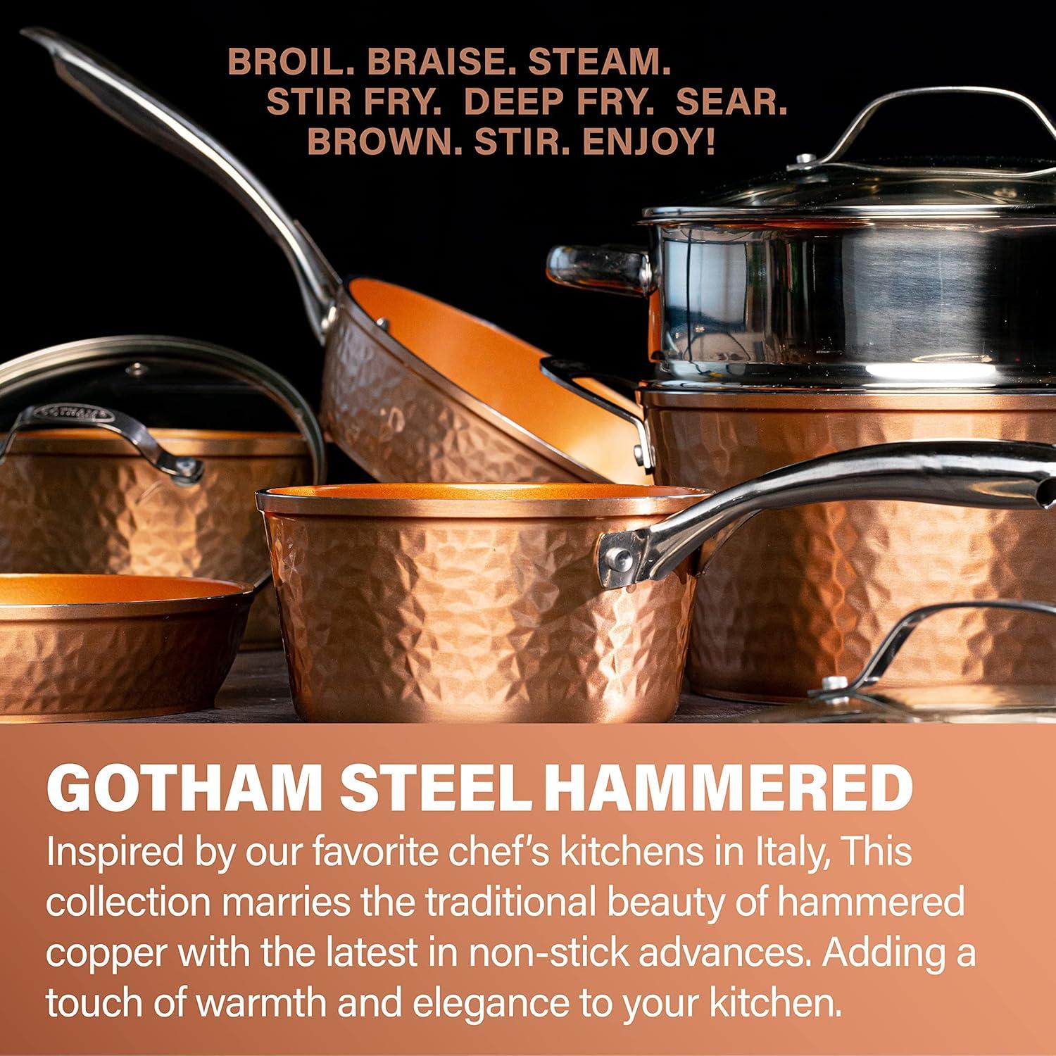 image:imageGOTHAM STEEL Hammered Copper 12 Inch Non Stick Frying Pans with Lid Frying Pans Nonstick with Lid Non Toxic Ceramic Pan for Cooking Nonstick Frying Pan Induction Pan Oven and Dishwasher Safe3 Piece Set 8 inch 10 inch 12 inch