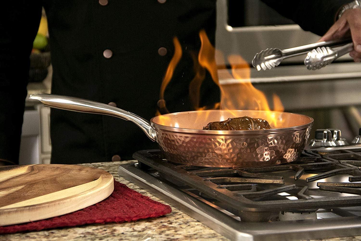 image:imageGOTHAM STEEL Hammered Copper 12 Inch Non Stick Frying Pans with Lid Frying Pans Nonstick with Lid Non Toxic Ceramic Pan for Cooking Nonstick Frying Pan Induction Pan Oven and Dishwasher Safe95 inch Frying Pan with Lid