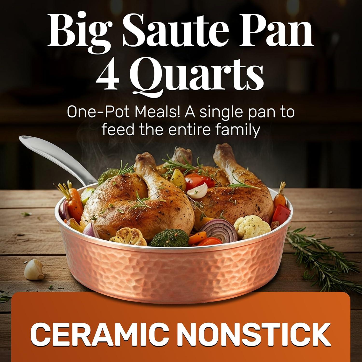 image:imageGOTHAM STEEL Hammered Copper 12 Inch Non Stick Frying Pans with Lid Frying Pans Nonstick with Lid Non Toxic Ceramic Pan for Cooking Nonstick Frying Pan Induction Pan Oven and Dishwasher Safe12 inch Saute Pan with Lid 4 Quart