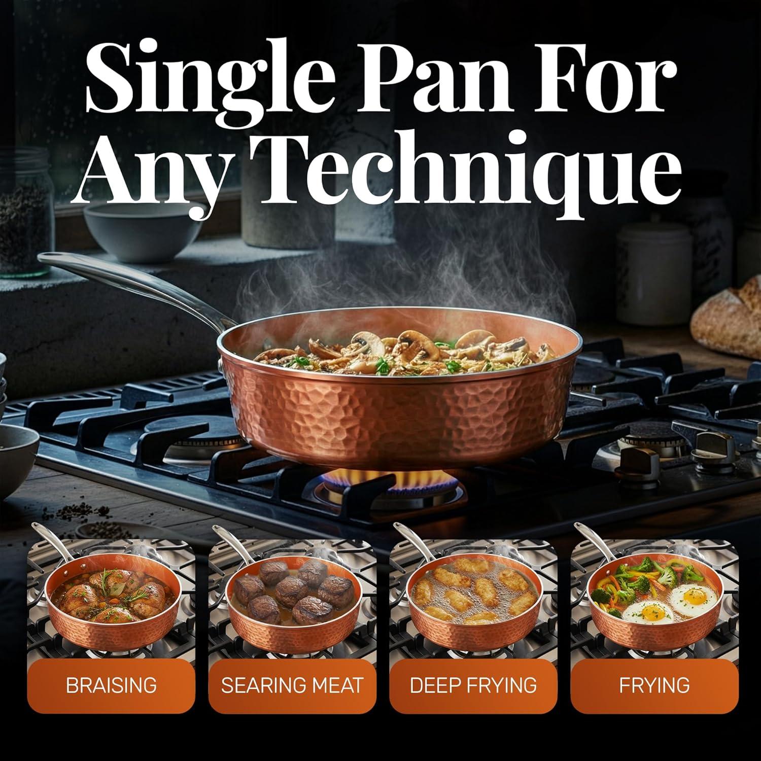 image:imageGOTHAM STEEL Hammered Copper 12 Inch Non Stick Frying Pans with Lid Frying Pans Nonstick with Lid Non Toxic Ceramic Pan for Cooking Nonstick Frying Pan Induction Pan Oven and Dishwasher Safe12 inch Saute Pan with Lid 4 Quart