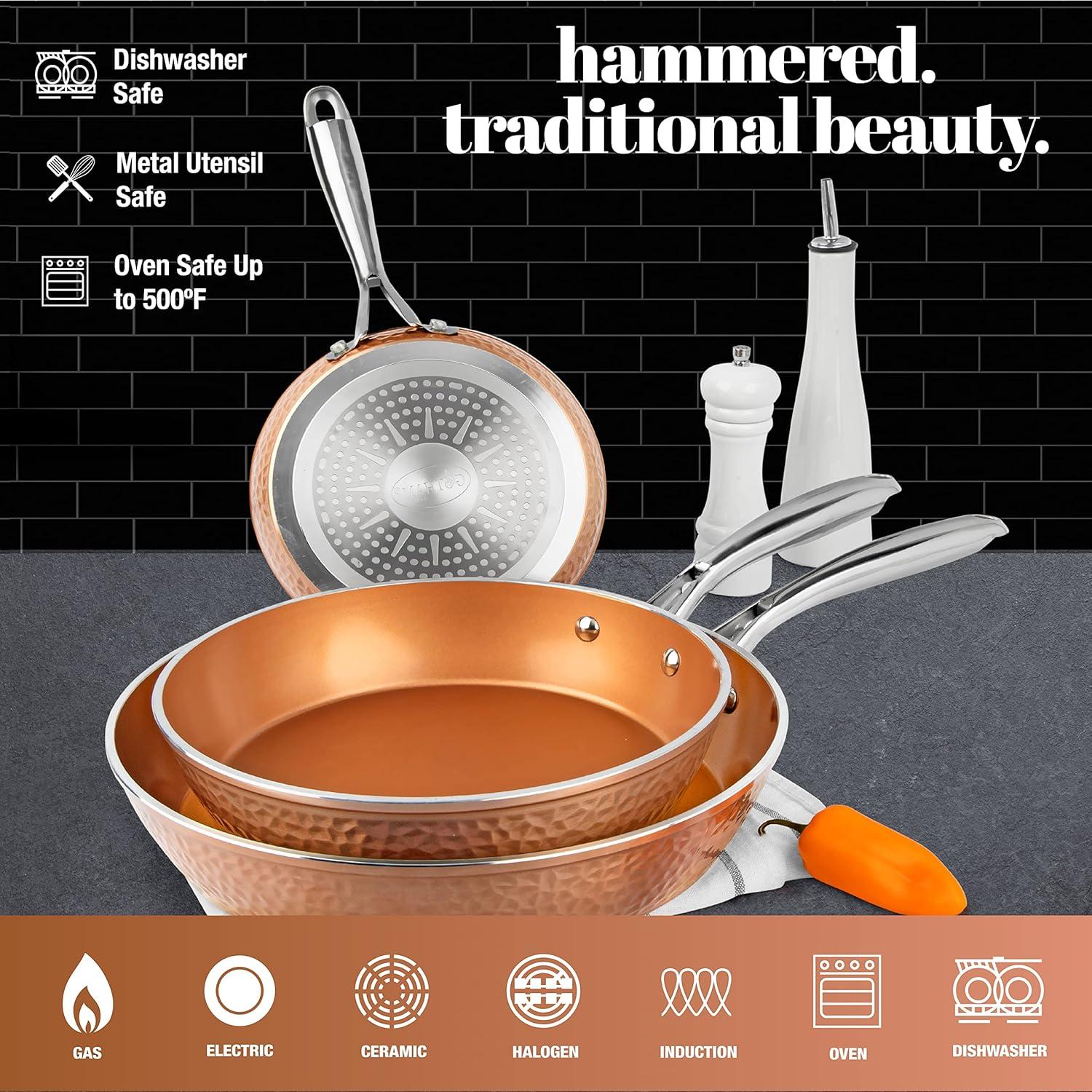 image:imageGOTHAM STEEL Hammered Copper 12 Inch Non Stick Frying Pans with Lid Frying Pans Nonstick with Lid Non Toxic Ceramic Pan for Cooking Nonstick Frying Pan Induction Pan Oven and Dishwasher Safe3 Piece Set 8 inch 10 inch 12 inch