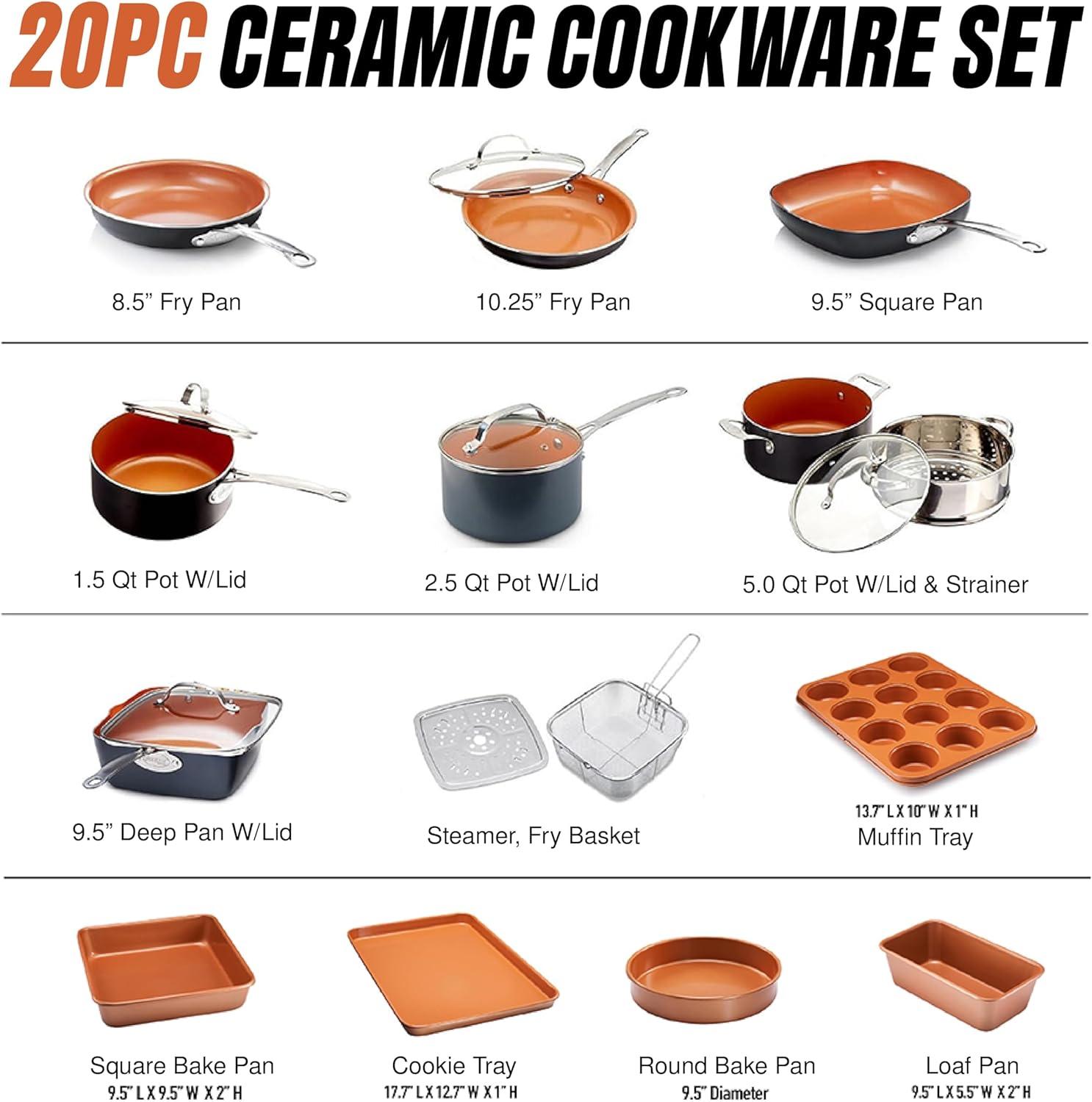 image:imageGotham Steel 12 Pc Ceramic Cookware Set Nonstick Ceramic Pots and Pans Set Non Stick with Steamer for Cooking Non Toxic PFOA PFOS Free Ergonomic Stay Cool Handles Oven amp Dishwasher Safe Copper20 Piece Set