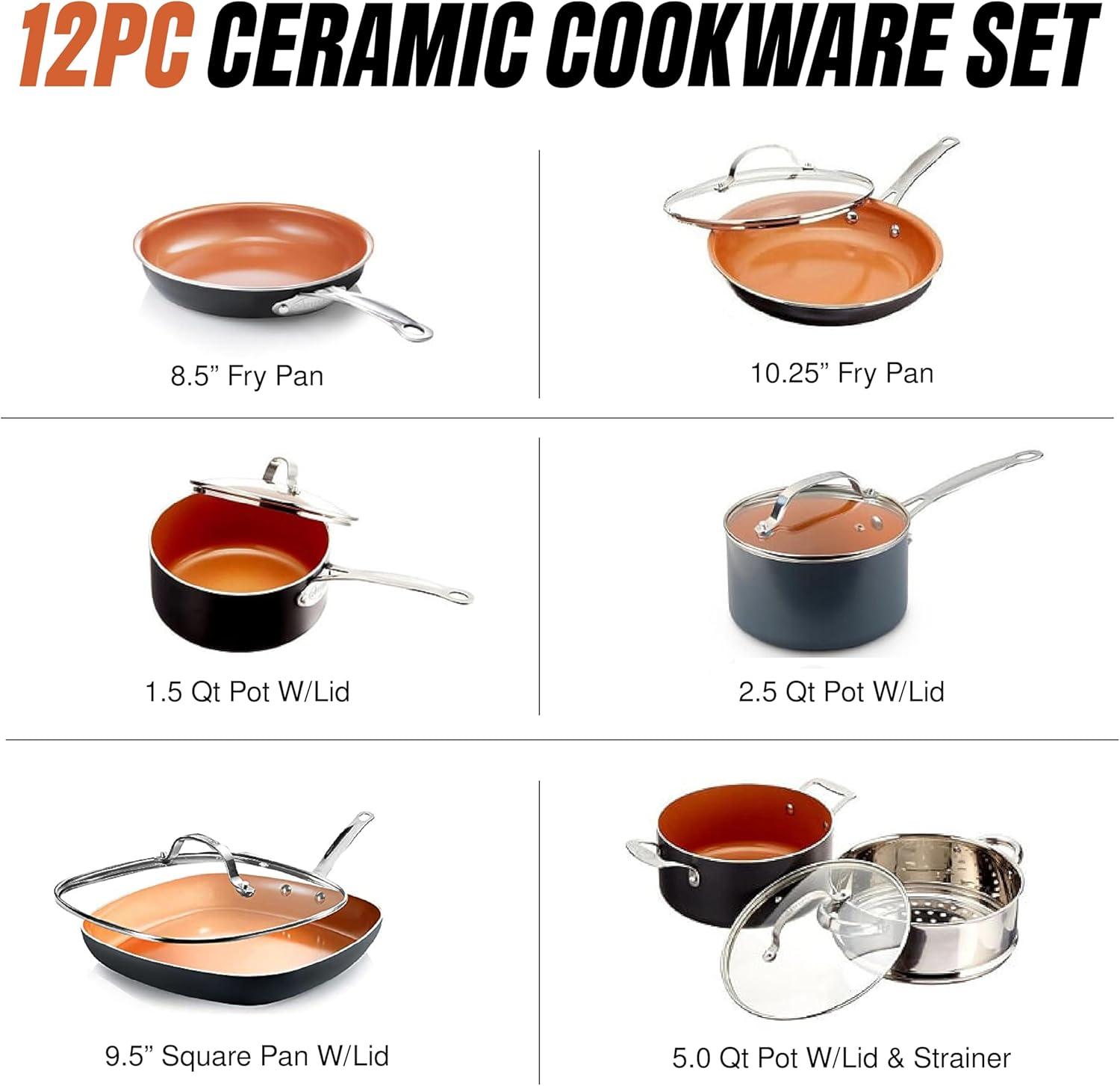 image:imageGotham Steel 12 Pc Ceramic Cookware Set Nonstick Ceramic Pots and Pans Set Non Stick with Steamer for Cooking Non Toxic PFOA PFOS Free Ergonomic Stay Cool Handles Oven amp Dishwasher Safe Copper12 Piece Set