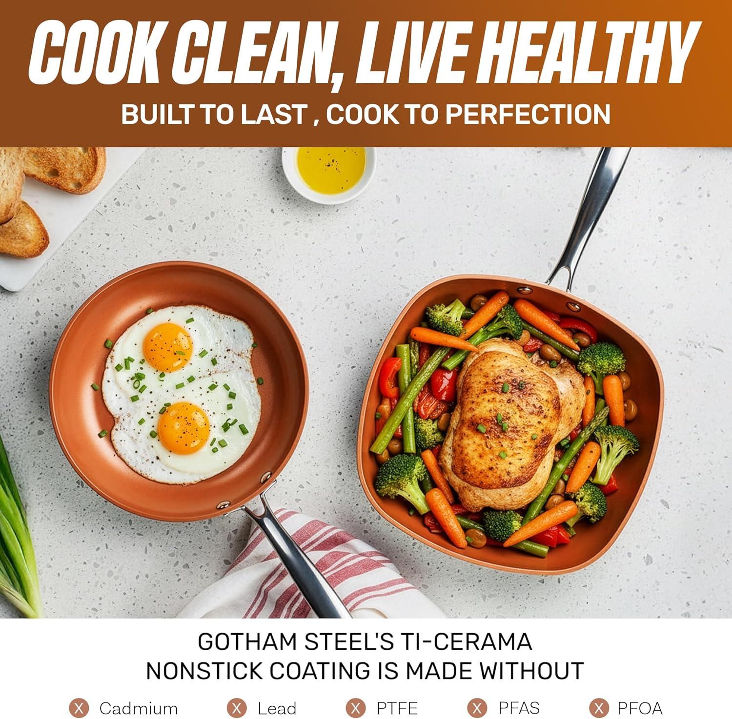 image:imageGotham Steel 12 Pc Ceramic Cookware Set Nonstick Ceramic Pots and Pans Set Non Stick with Steamer for Cooking Non Toxic PFOA PFOS Free Ergonomic Stay Cool Handles Oven amp Dishwasher Safe Copper12 Piece Set