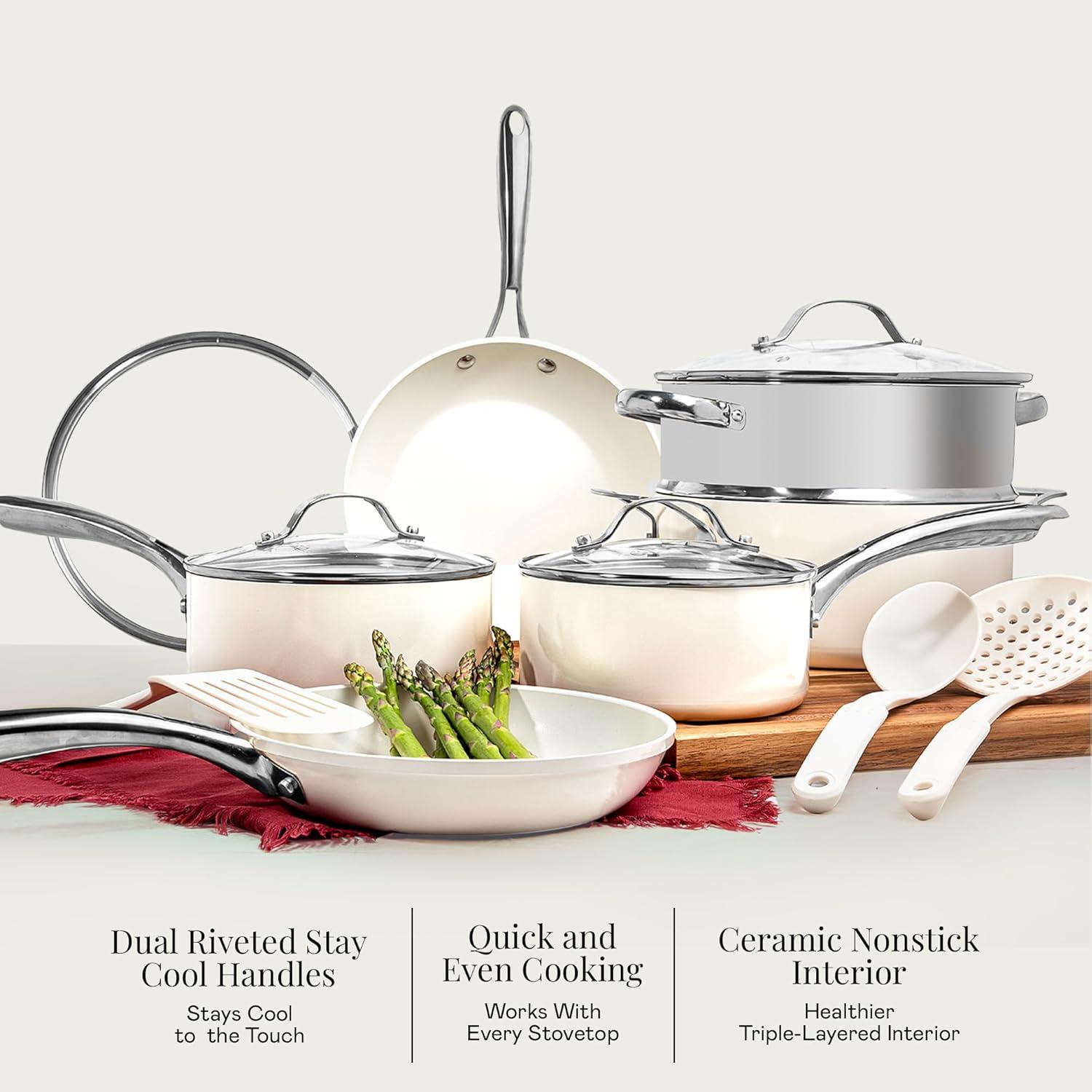 image:imageGotham Steel 12 Pc Ceramic Cookware Set Nonstick Ceramic Pots and Pans Set Non Stick with Steamer for Cooking Non Toxic PFOA PFOS Free Premium Stay Cool Handles Oven amp Dishwasher Safe