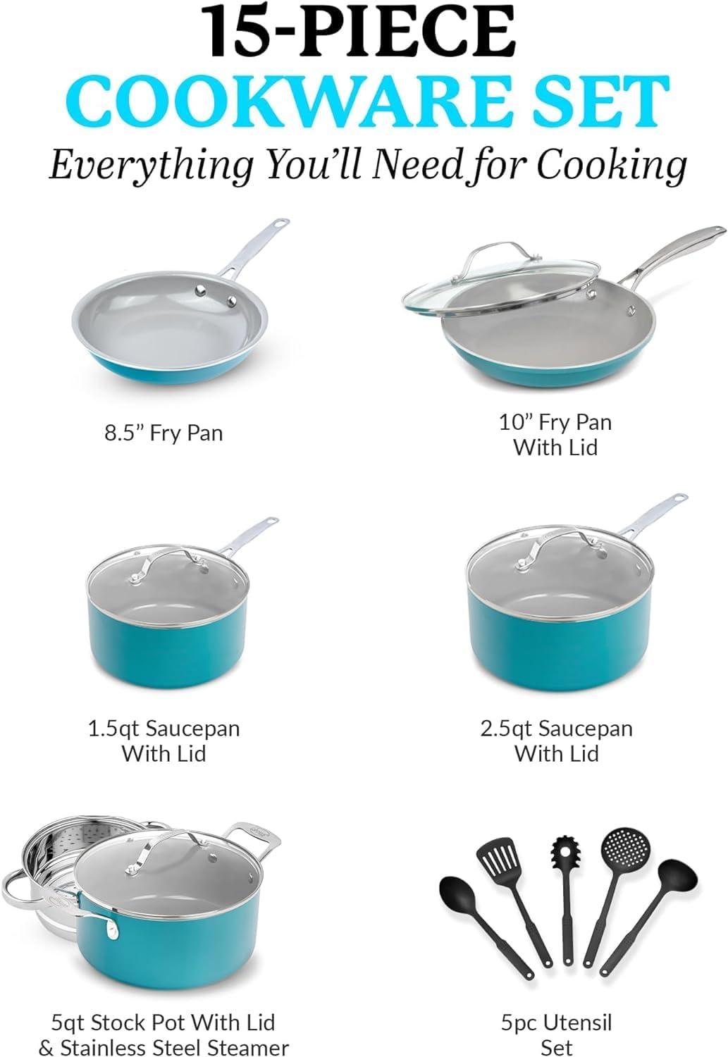 image:imageGotham Steel 15 Pc Ceramic Cookware Set Ceramic Pots and Pans Set Non Stick with Cooking Utensils and Steamer Non Toxic PFOA PFOS Free Premium Stay Cool Handles Oven amp Dishwasher SafeAqua Blue