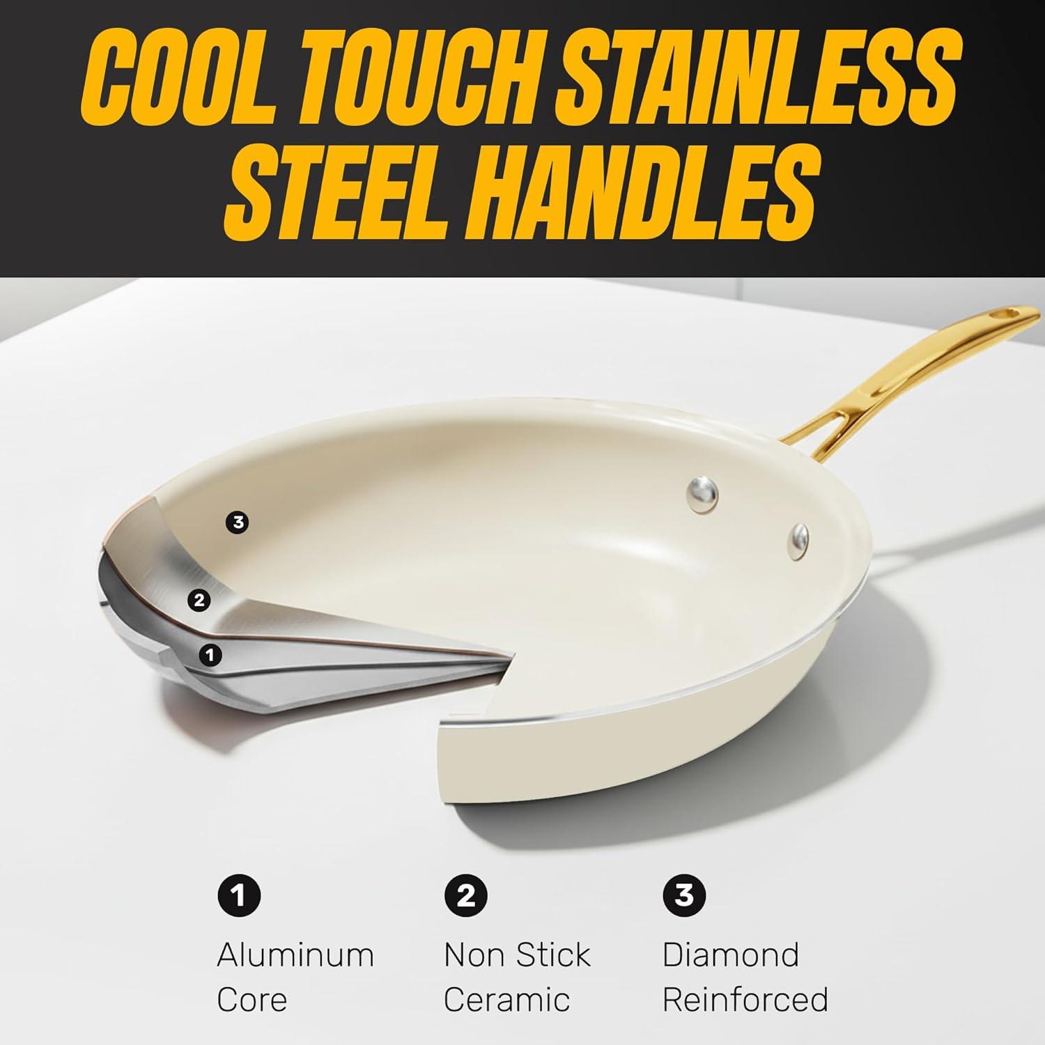 image:imageGotham Steel 15 Pc Ceramic Cookware Set Ceramic Pots and Pans Set Non Stick with Cooking Utensils and Steamer Non Toxic PFOA PFOS Free Premium Stay Cool Handles Oven amp Dishwasher SafeCream Gold