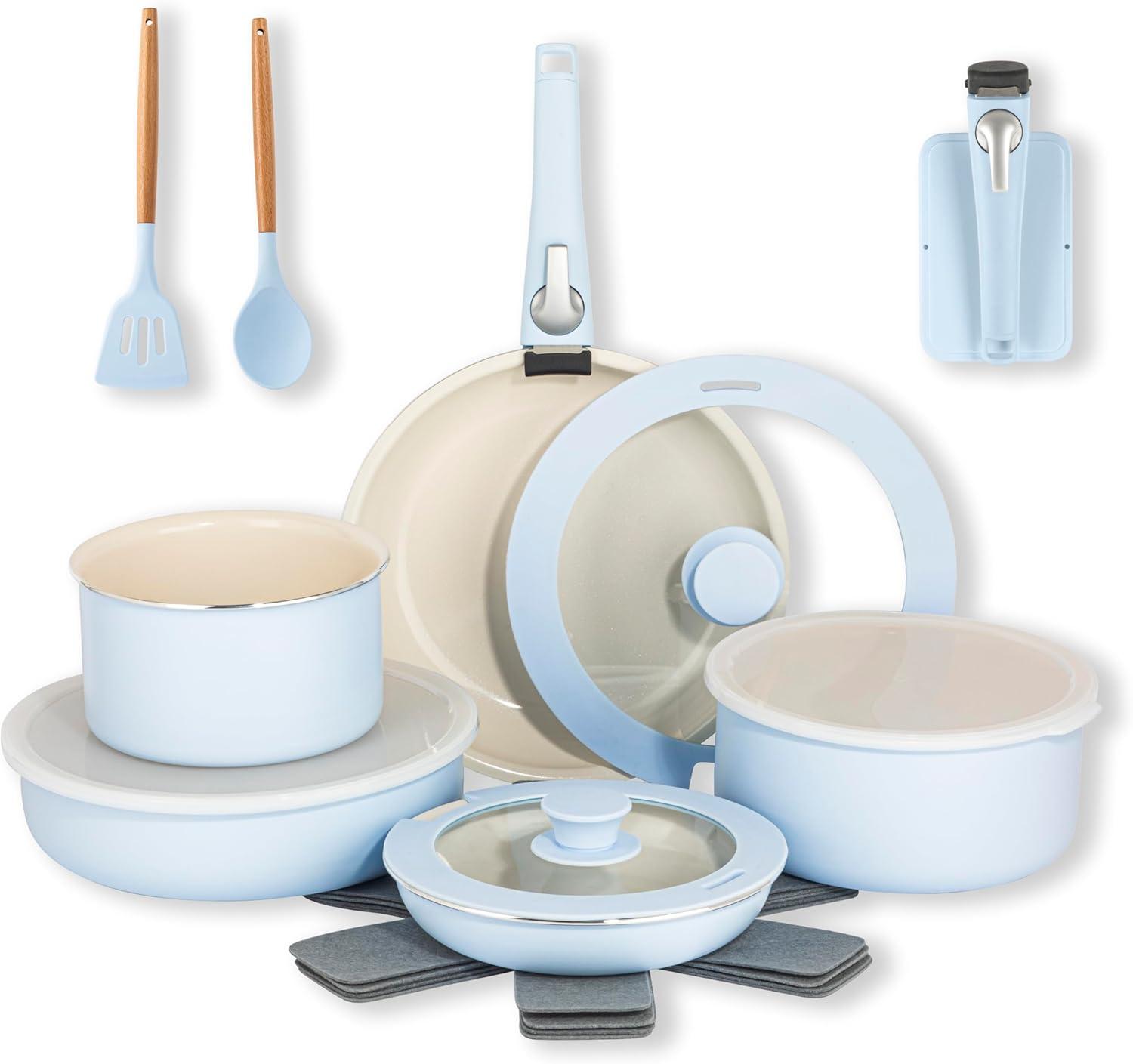 image:imageGotham Steel 18 Pc Removeable Handle Pots and Pans Set Non Stick Kitchen Cookware Sets Ceramic Cookware Set Non Toxic Nesting Camping Cookware Oven and Dishwasher Safe Blue