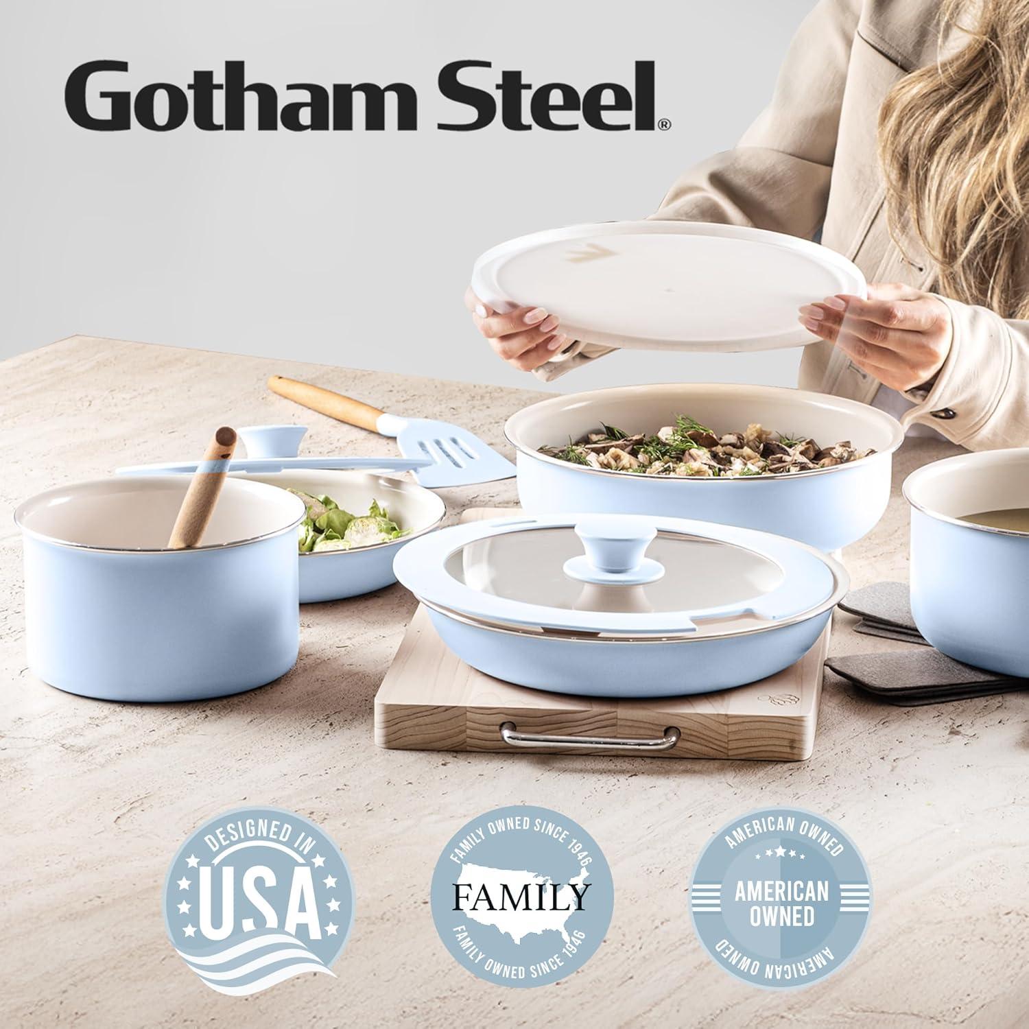 image:imageGotham Steel 18 Pc Removeable Handle Pots and Pans Set Non Stick Kitchen Cookware Sets Ceramic Cookware Set Non Toxic Nesting Camping Cookware Oven and Dishwasher Safe Blue