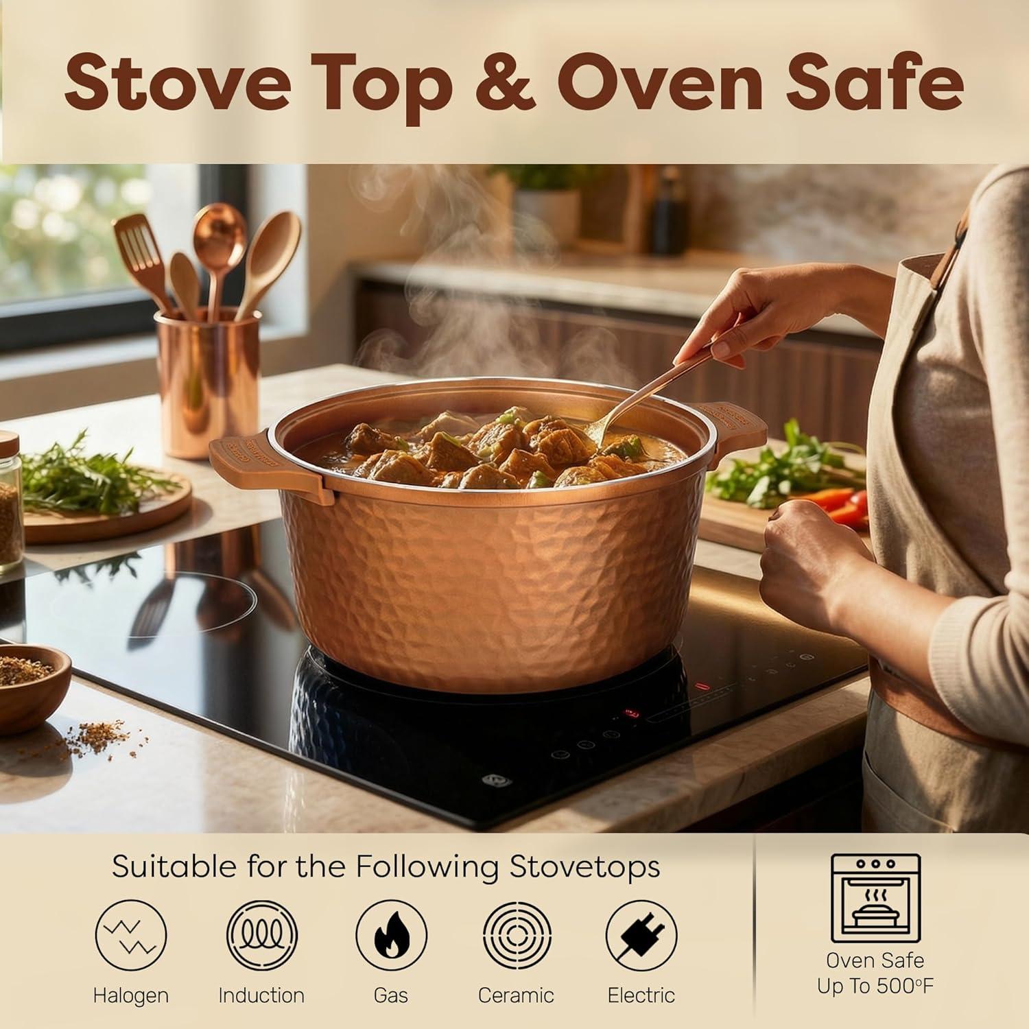image:imageGotham Steel 5 Qt Dutch Oven Pot with Lid Nonstick Ceramic Dutch Oven Stock Pot 10 in 1 Cooking Pot amp Dutch Oven for Bread Baking Lightweight Oven amp Dishwasher Safe CreamCopper Hammered