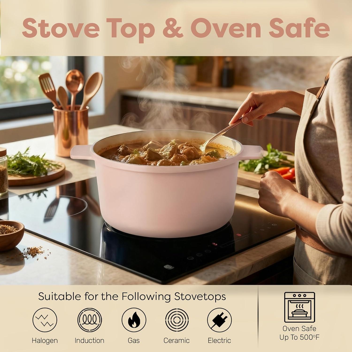 image:imageGotham Steel 5 Qt Dutch Oven Pot with Lid Nonstick Ceramic Dutch Oven Stock Pot 10 in 1 Cooking Pot amp Dutch Oven for Bread Baking Lightweight Oven amp Dishwasher Safe CreamBaby Pink