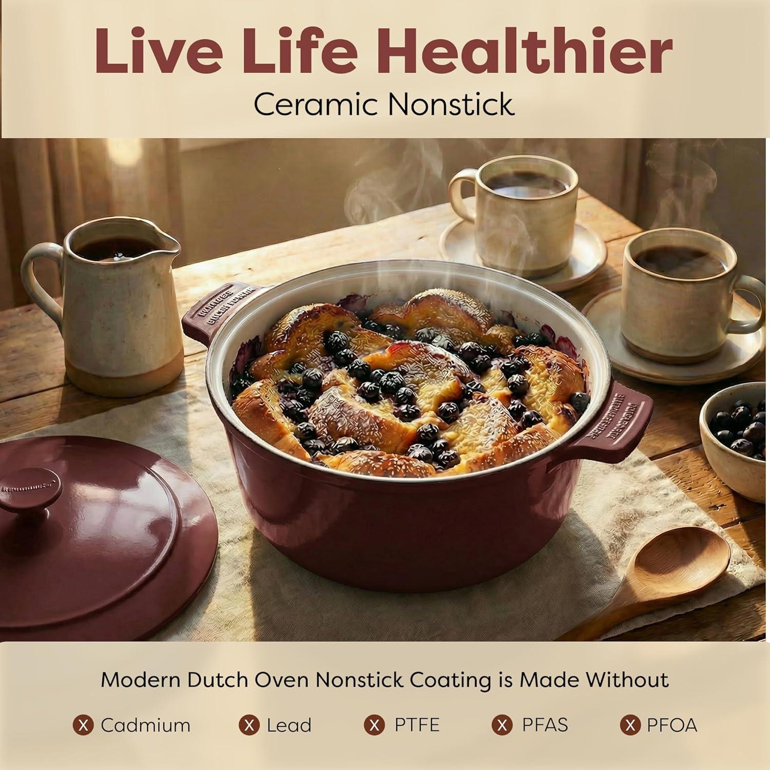 image:imageGotham Steel 5 Qt Dutch Oven Pot with Lid Nonstick Ceramic Dutch Oven Stock Pot 10 in 1 Cooking Pot amp Dutch Oven for Bread Baking Lightweight Oven amp Dishwasher Safe CreamMaroon Cream