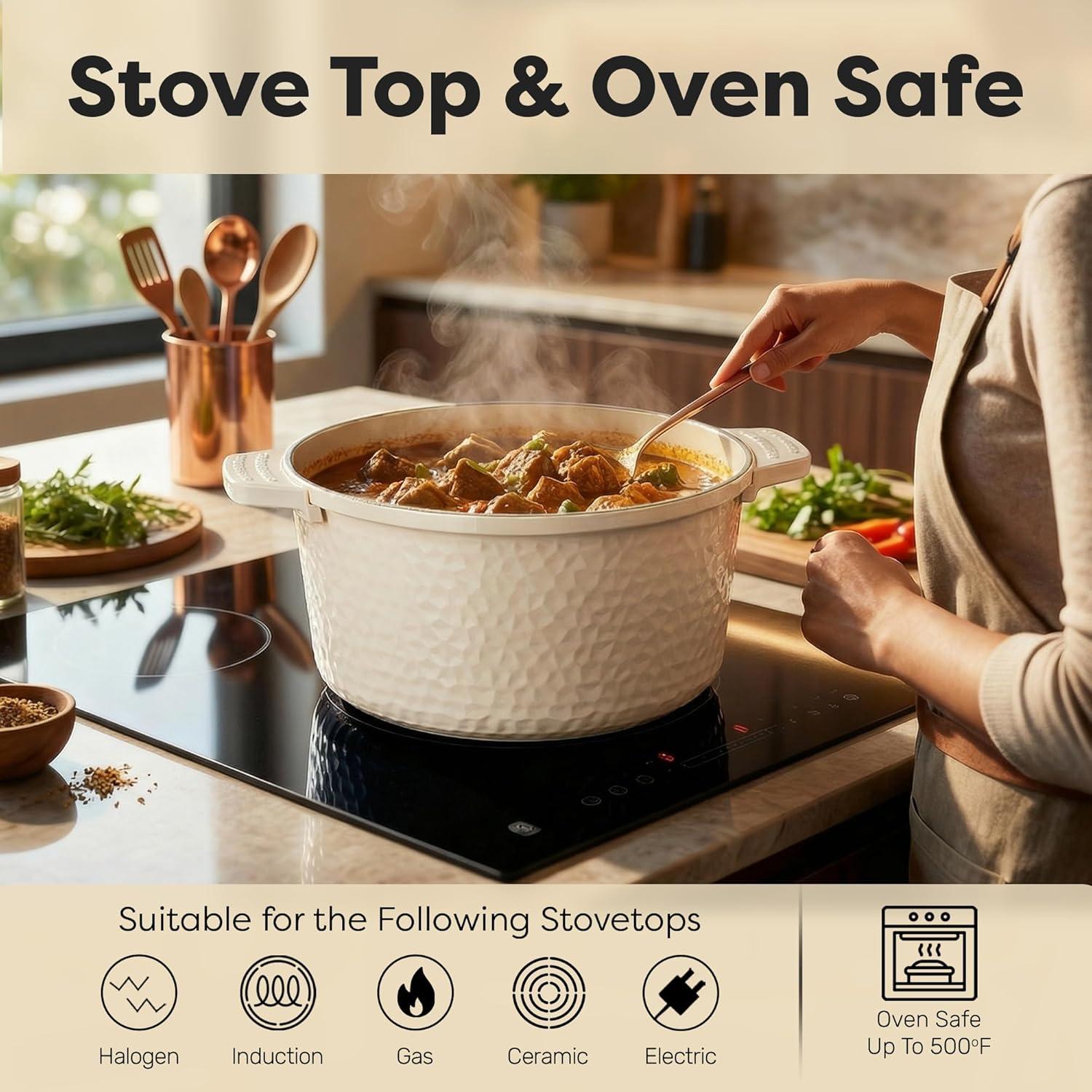image:imageGotham Steel 5 Qt Dutch Oven Pot with Lid Nonstick Ceramic Dutch Oven Stock Pot 10 in 1 Cooking Pot amp Dutch Oven for Bread Baking Lightweight Oven amp Dishwasher Safe CreamHammered Cream