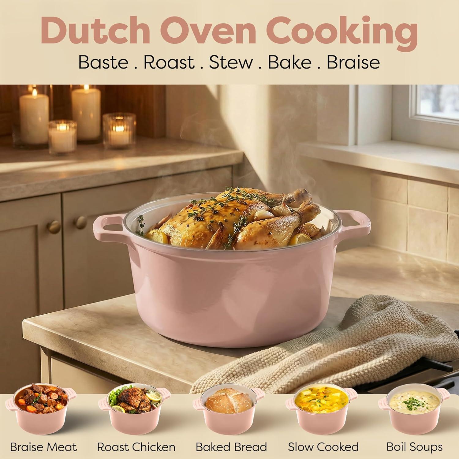 image:imageGotham Steel 5 Qt Dutch Oven Pot with Lid Nonstick Ceramic Dutch Oven Stock Pot 10 in 1 Cooking Pot amp Dutch Oven for Bread Baking Lightweight Oven amp Dishwasher Safe CreamBaby Pink