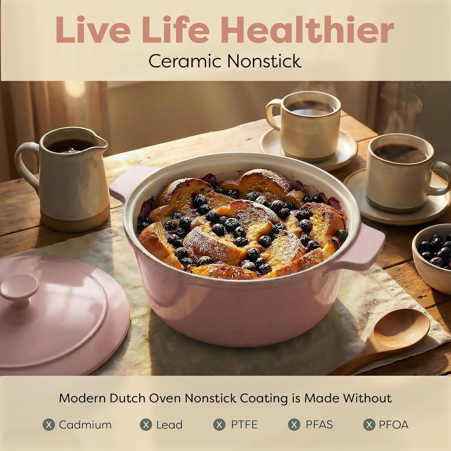 image:imageGotham Steel 5 Qt Dutch Oven Pot with Lid Nonstick Ceramic Dutch Oven Stock Pot 10 in 1 Cooking Pot amp Dutch Oven for Bread Baking Lightweight Oven amp Dishwasher Safe CreamBaby Pink