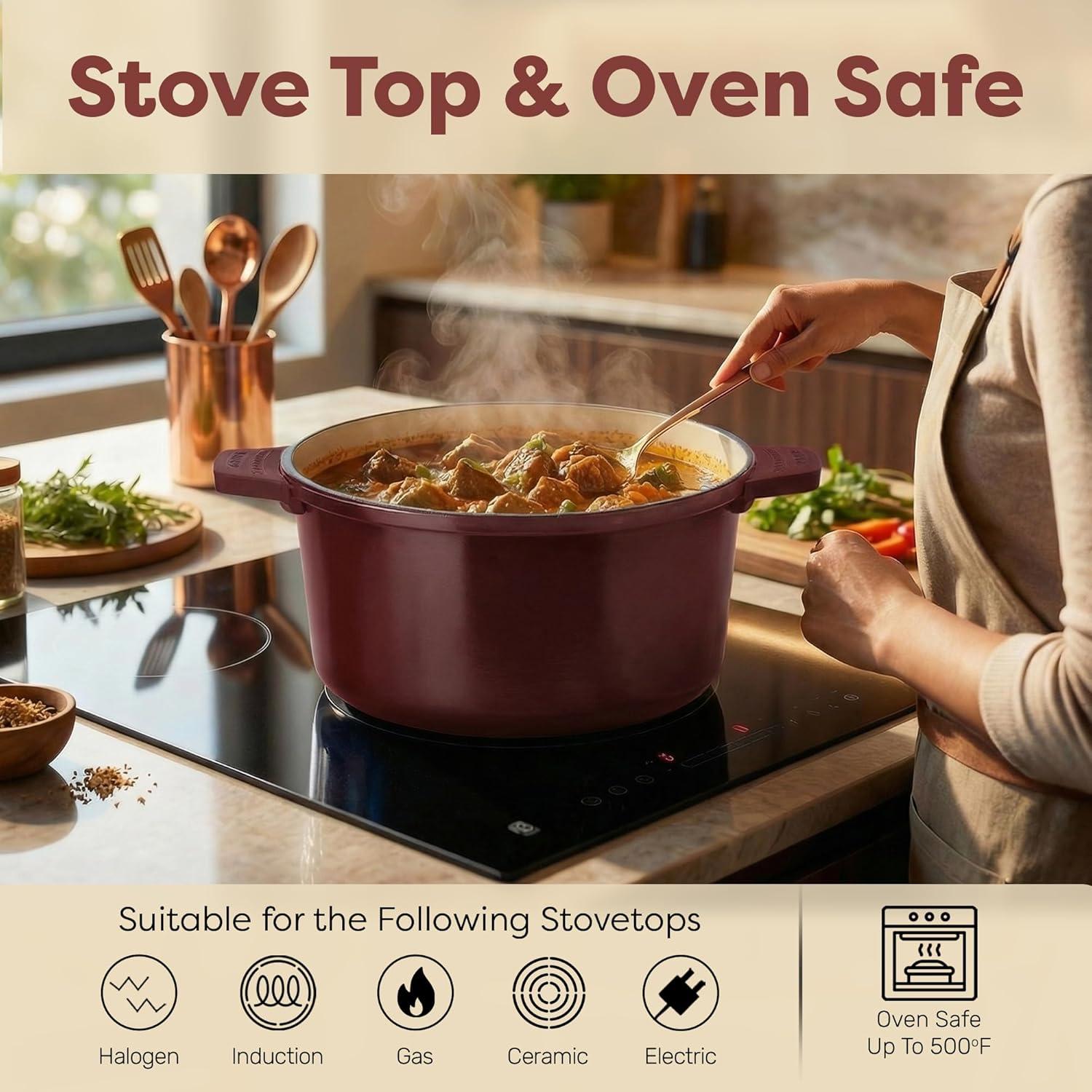 image:imageGotham Steel 5 Qt Dutch Oven Pot with Lid Nonstick Ceramic Dutch Oven Stock Pot 10 in 1 Cooking Pot amp Dutch Oven for Bread Baking Lightweight Oven amp Dishwasher Safe CreamMaroon Cream