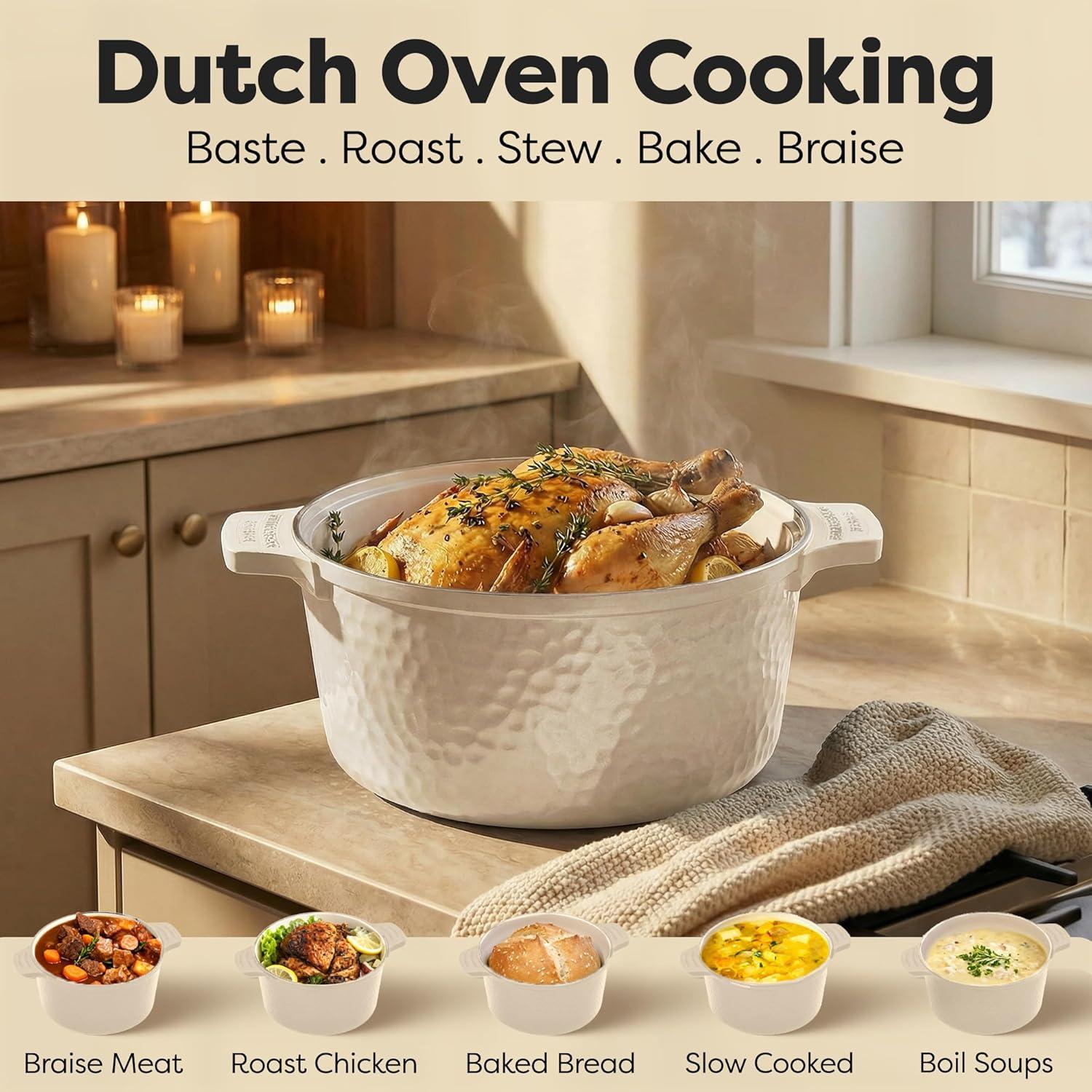 image:imageGotham Steel 5 Qt Dutch Oven Pot with Lid Nonstick Ceramic Dutch Oven Stock Pot 10 in 1 Cooking Pot amp Dutch Oven for Bread Baking Lightweight Oven amp Dishwasher Safe CreamHammered Cream