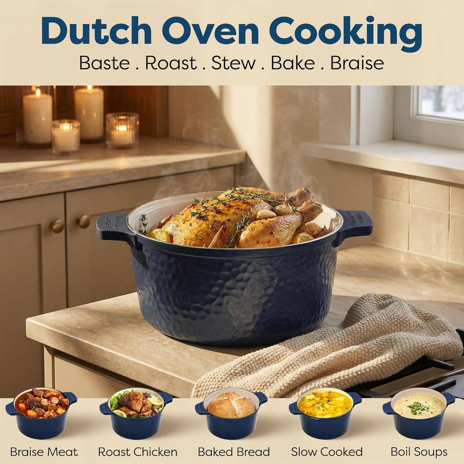 image:imageGotham Steel 5 Qt Dutch Oven Pot with Lid Nonstick Ceramic Dutch Oven Stock Pot 10 in 1 Cooking Pot amp Dutch Oven for Bread Baking Lightweight Oven amp Dishwasher Safe CreamHammered Navy