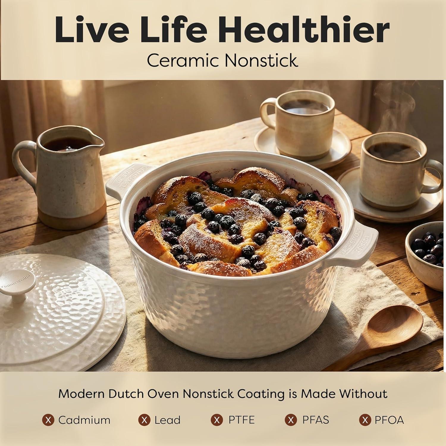 image:imageGotham Steel 5 Qt Dutch Oven Pot with Lid Nonstick Ceramic Dutch Oven Stock Pot 10 in 1 Cooking Pot amp Dutch Oven for Bread Baking Lightweight Oven amp Dishwasher Safe CreamHammered Cream