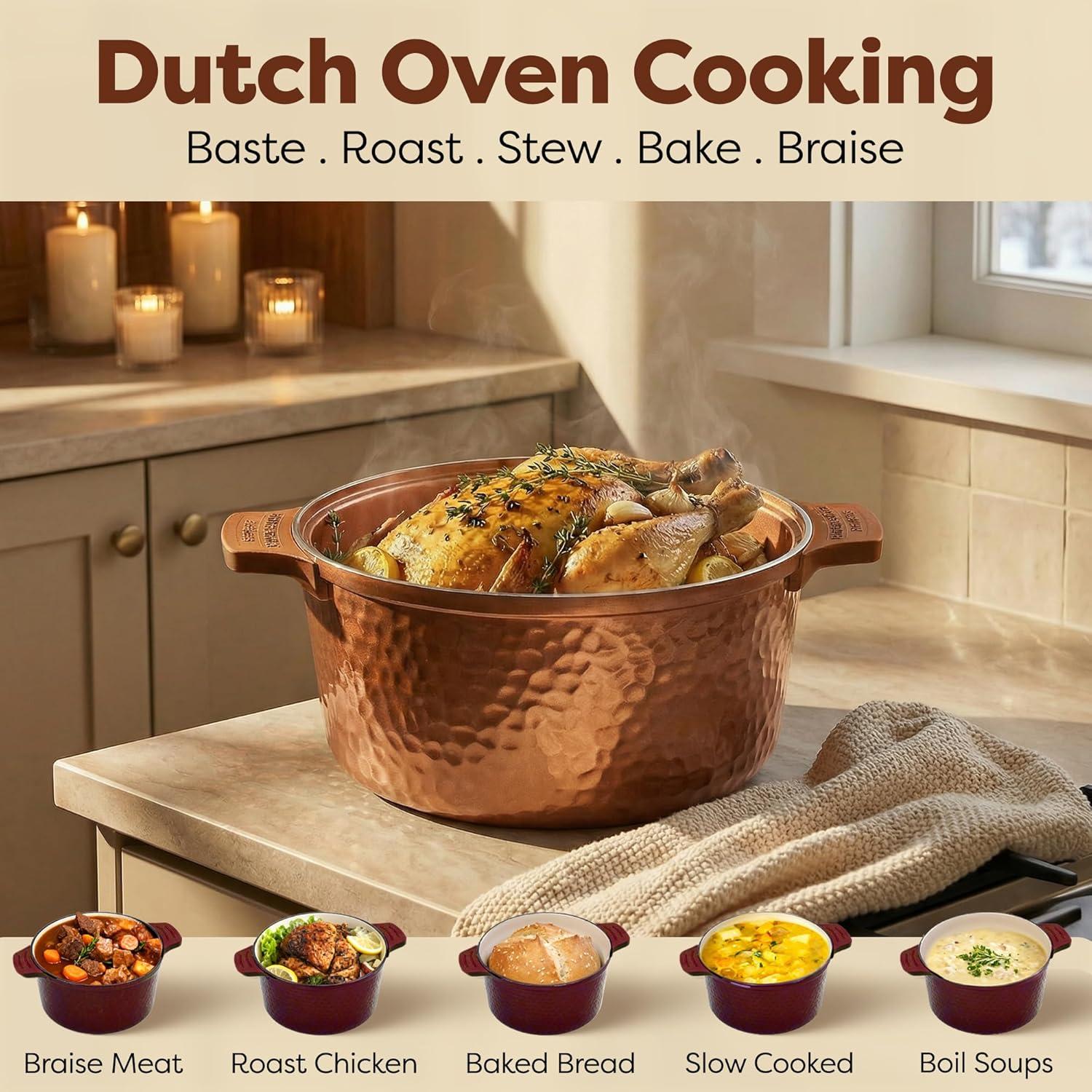 image:imageGotham Steel 5 Qt Dutch Oven Pot with Lid Nonstick Ceramic Dutch Oven Stock Pot 10 in 1 Cooking Pot amp Dutch Oven for Bread Baking Lightweight Oven amp Dishwasher Safe CreamCopper Hammered