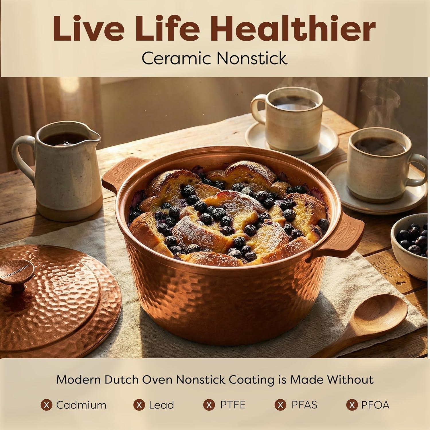 image:imageGotham Steel 5 Qt Dutch Oven Pot with Lid Nonstick Ceramic Dutch Oven Stock Pot 10 in 1 Cooking Pot amp Dutch Oven for Bread Baking Lightweight Oven amp Dishwasher Safe CreamCopper Hammered