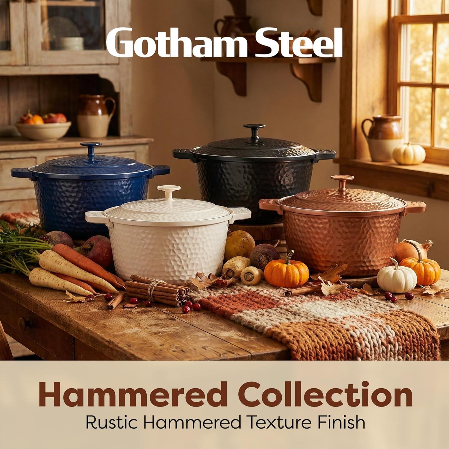 image:imageGotham Steel 5 Qt Dutch Oven Pot with Lid Nonstick Ceramic Dutch Oven Stock Pot 10 in 1 Cooking Pot amp Dutch Oven for Bread Baking Lightweight Oven amp Dishwasher Safe CreamCopper Hammered