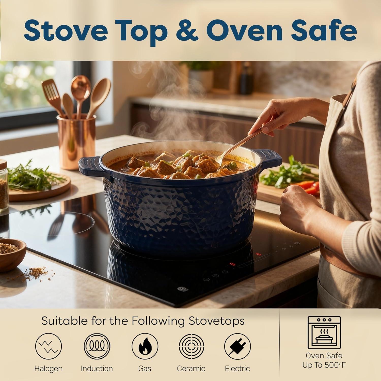image:imageGotham Steel 5 Qt Dutch Oven Pot with Lid Nonstick Ceramic Dutch Oven Stock Pot 10 in 1 Cooking Pot amp Dutch Oven for Bread Baking Lightweight Oven amp Dishwasher Safe CreamHammered Navy