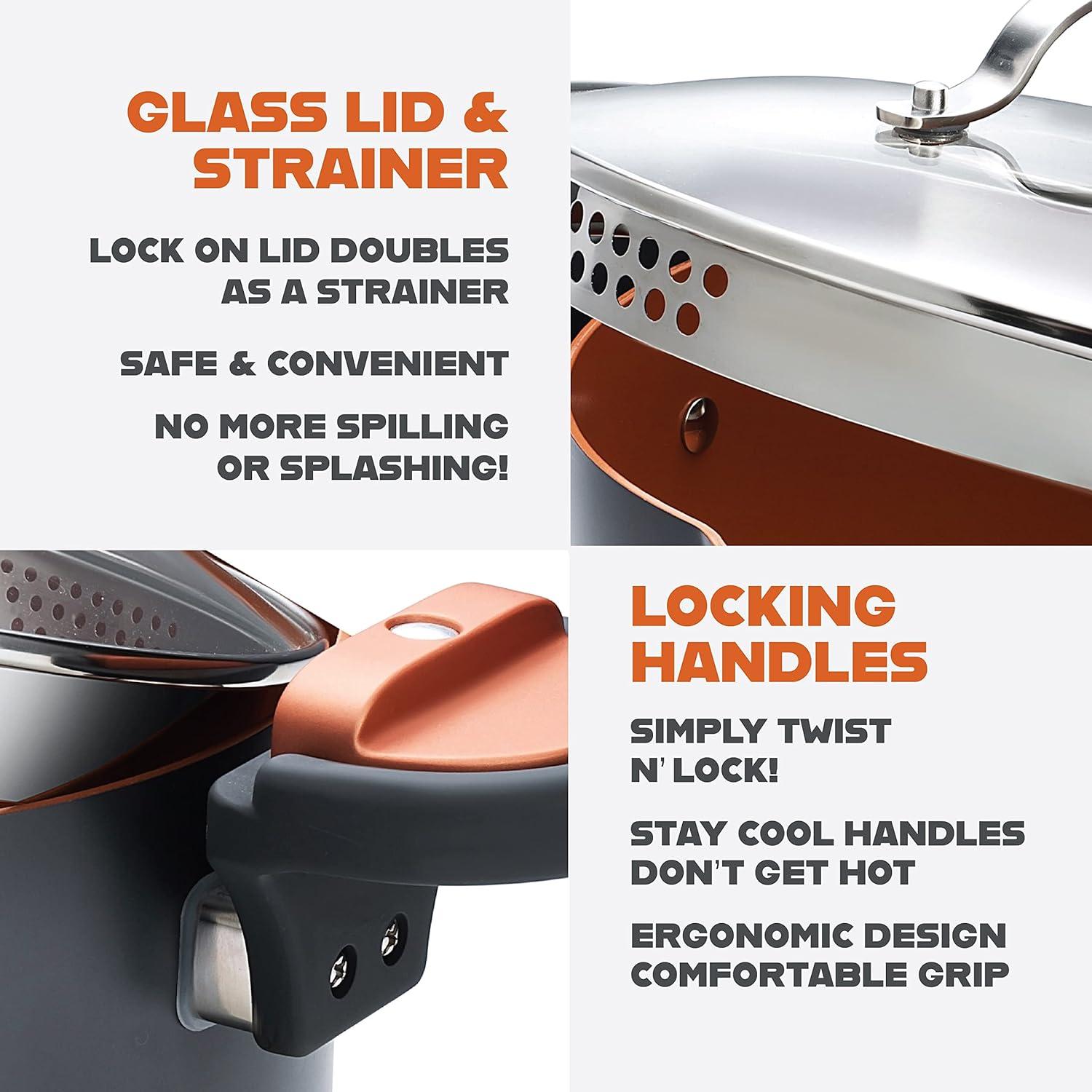 image:imageGotham Steel 5 Quart Stock Pot Multipurpose Pasta Pot with Strainer Lid amp Twist and Lock Handles Nonstick Ceramic Surface Makes for Effortless Cleanup with Tempered Glass Lid Dishwasher SafeGraphite