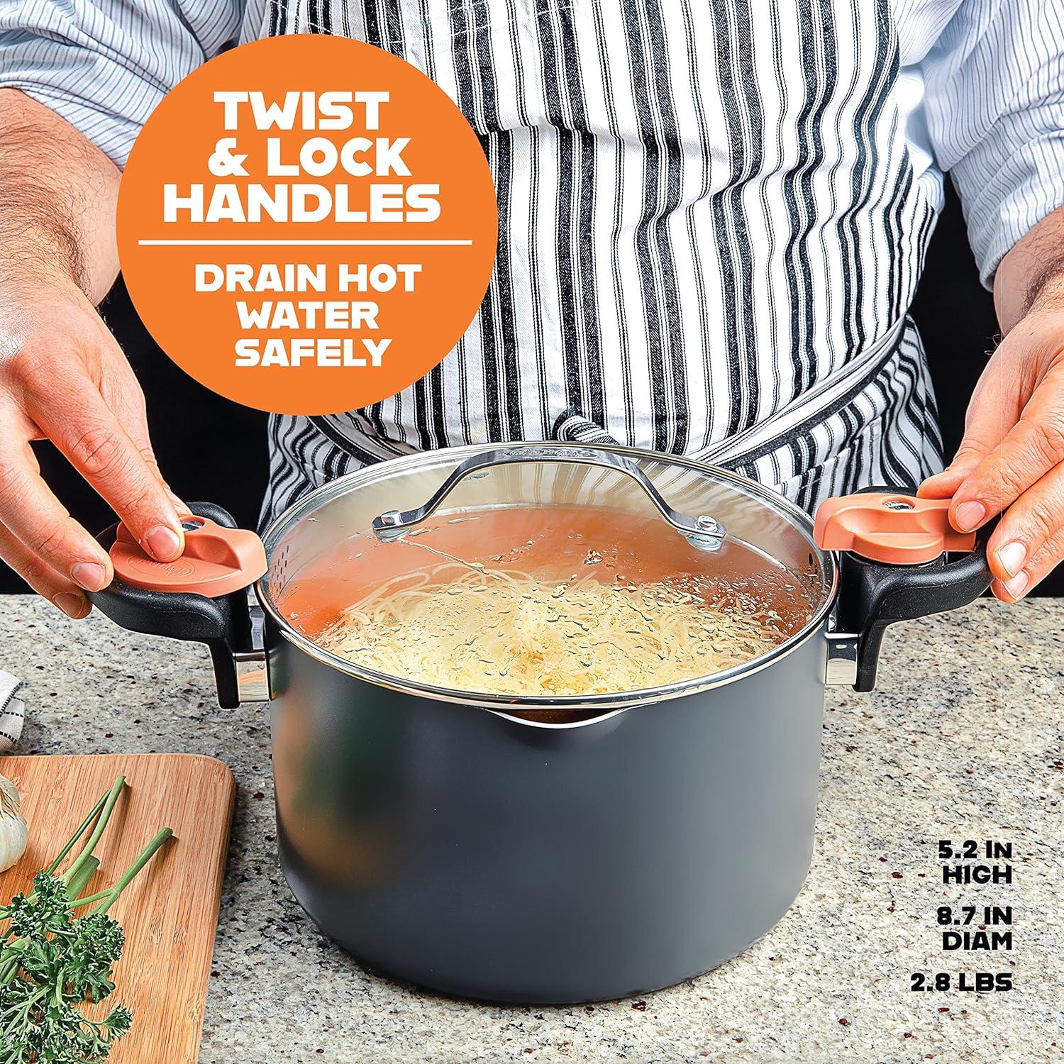 image:imageGotham Steel 5 Quart Stock Pot Multipurpose Pasta Pot with Strainer Lid amp Twist and Lock Handles Nonstick Ceramic Surface Makes for Effortless Cleanup with Tempered Glass Lid Dishwasher SafeGraphite