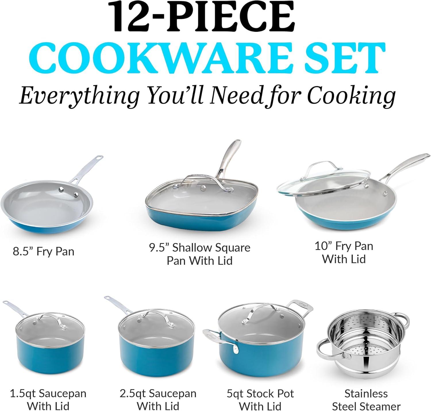 image:imageGotham Steel Aqua Blue Pots and Pans Set 12 Piece Nonstick Ceramic Cookware Includes Frying Pans Stockpots amp Saucepans Stay Cool Handles Oven amp Dishwasher Safe 100 PFOA Free Turquoise