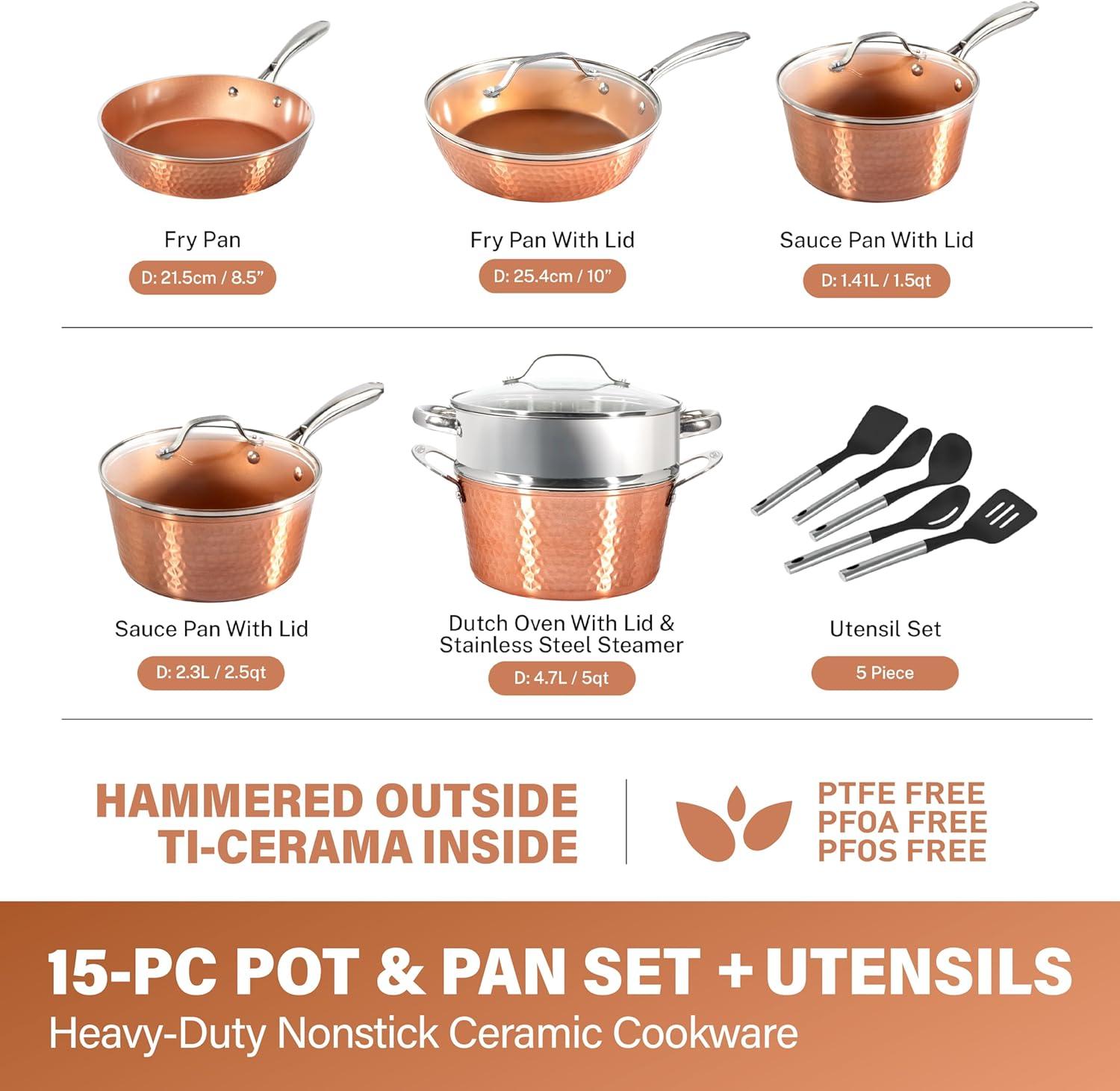 image:imageGotham Steel Hammered 15 Pc Ceramic Cookware Set Induction Pots and Pans Set Non Stick with Cooking Utensils amp Steamer Non Toxic Ceramic amp Titanium Coating PFOA PFOS Free Oven amp Dishwasher Safe