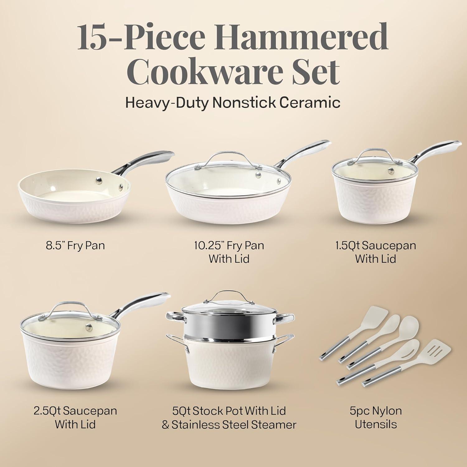 image:imageGotham Steel Hammered 15 Pc Ceramic Cookware Set Nonstick Deep Pots and Pans Set Non Stick with Induction Cookware Cooking Utensils amp Steamer Non Toxic PFOA PFOS Free Oven amp Dishwasher Safe
