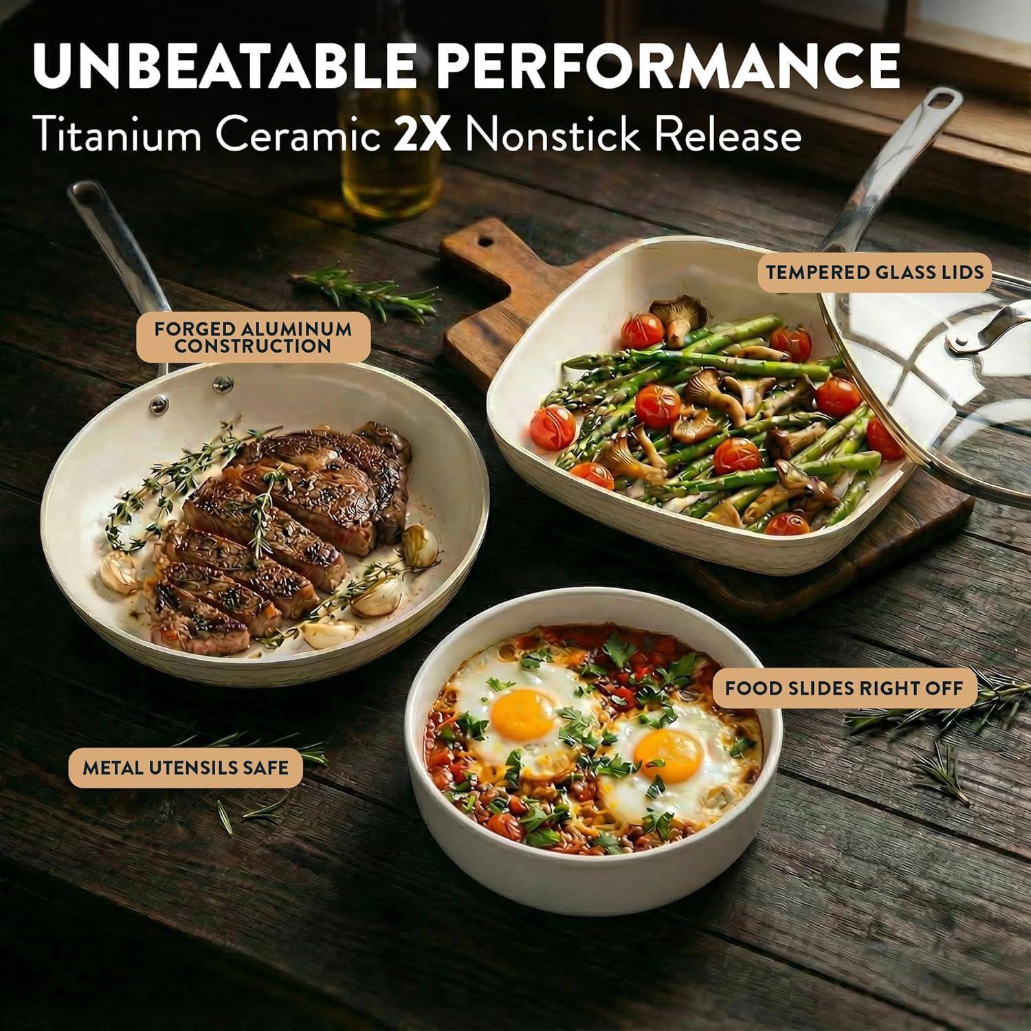 image:imageGotham Steel Hammered 15Pcs Ceramic Cookware Set Nonstick Induction Pots and Pans Set Non Stick with Bakeware Set amp Steamer for Cooking Non Toxic PFOA PFOS Free Oven amp Dishwasher Safe Cream White