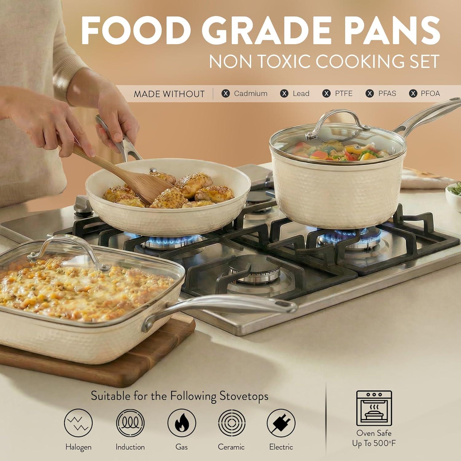 image:imageGotham Steel Hammered 15Pcs Ceramic Cookware Set Nonstick Induction Pots and Pans Set Non Stick with Bakeware Set amp Steamer for Cooking Non Toxic PFOA PFOS Free Oven amp Dishwasher Safe Cream White