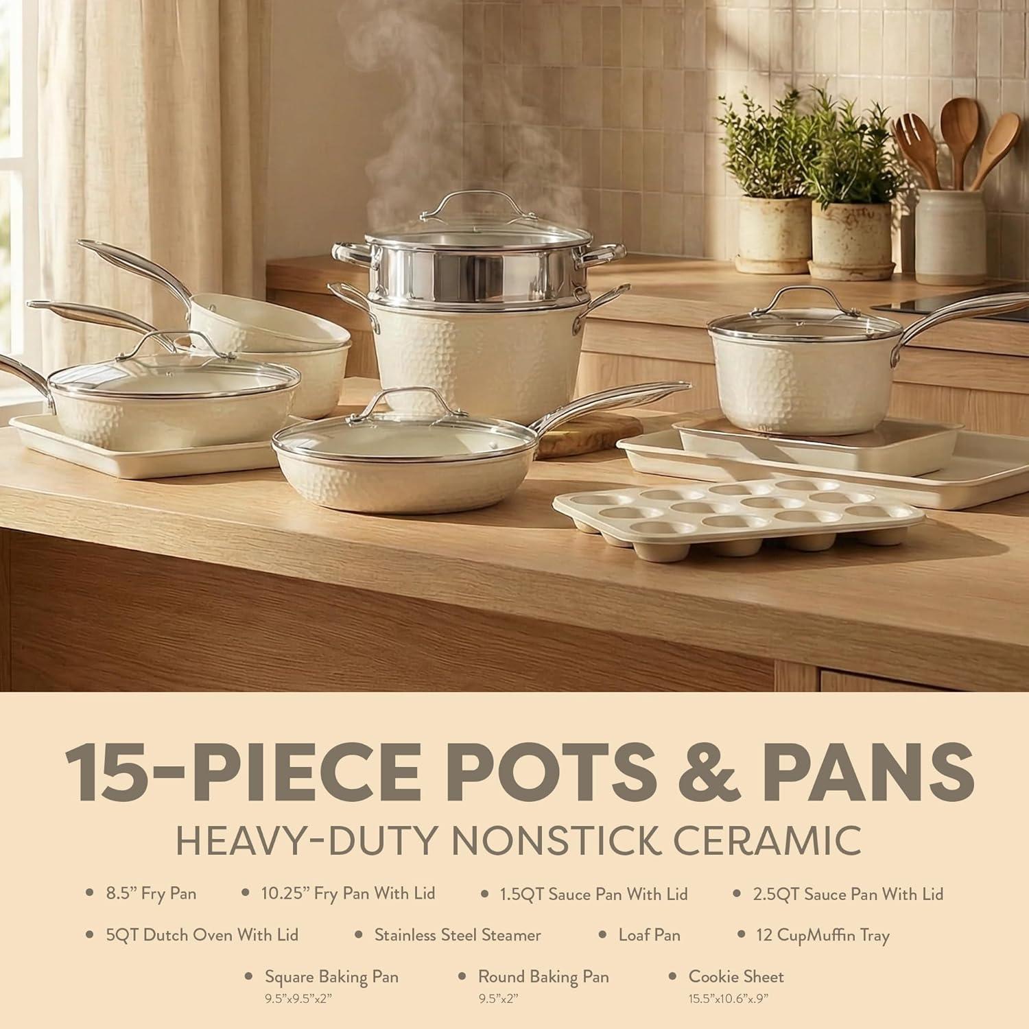 image:imageGotham Steel Hammered 15Pcs Ceramic Cookware Set Nonstick Induction Pots and Pans Set Non Stick with Bakeware Set amp Steamer for Cooking Non Toxic PFOA PFOS Free Oven amp Dishwasher Safe Cream White