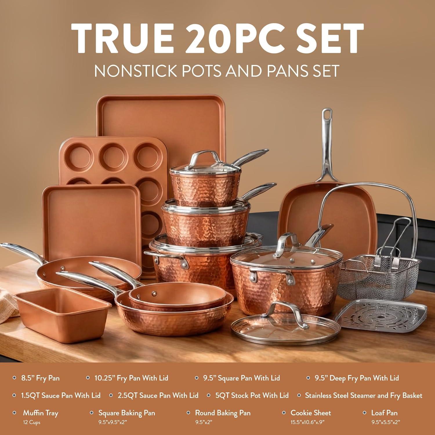 image:imageGotham Steel Hammered 20 Pc Ceramic Cookware Set Nonstick True Ceramic Pots and Pans Set Non Stick with Deep Square Pan Set amp Bakeware Set Non Toxic PFOA PFOS Free Oven amp Dishwasher Safe