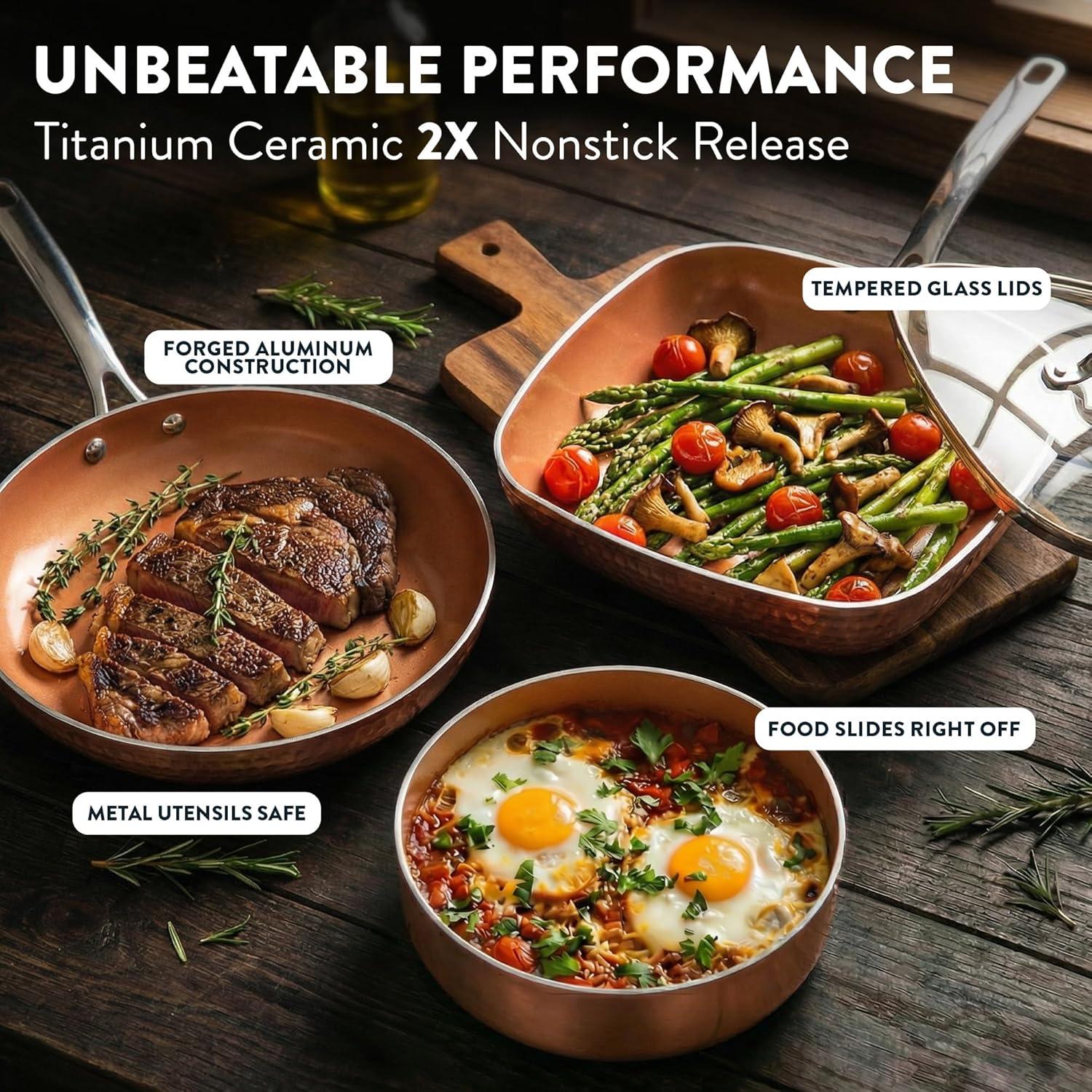 image:imageGotham Steel Hammered 20 Pc Ceramic Cookware Set Nonstick True Ceramic Pots and Pans Set Non Stick with Deep Square Pan Set amp Bakeware Set Non Toxic PFOA PFOS Free Oven amp Dishwasher Safe