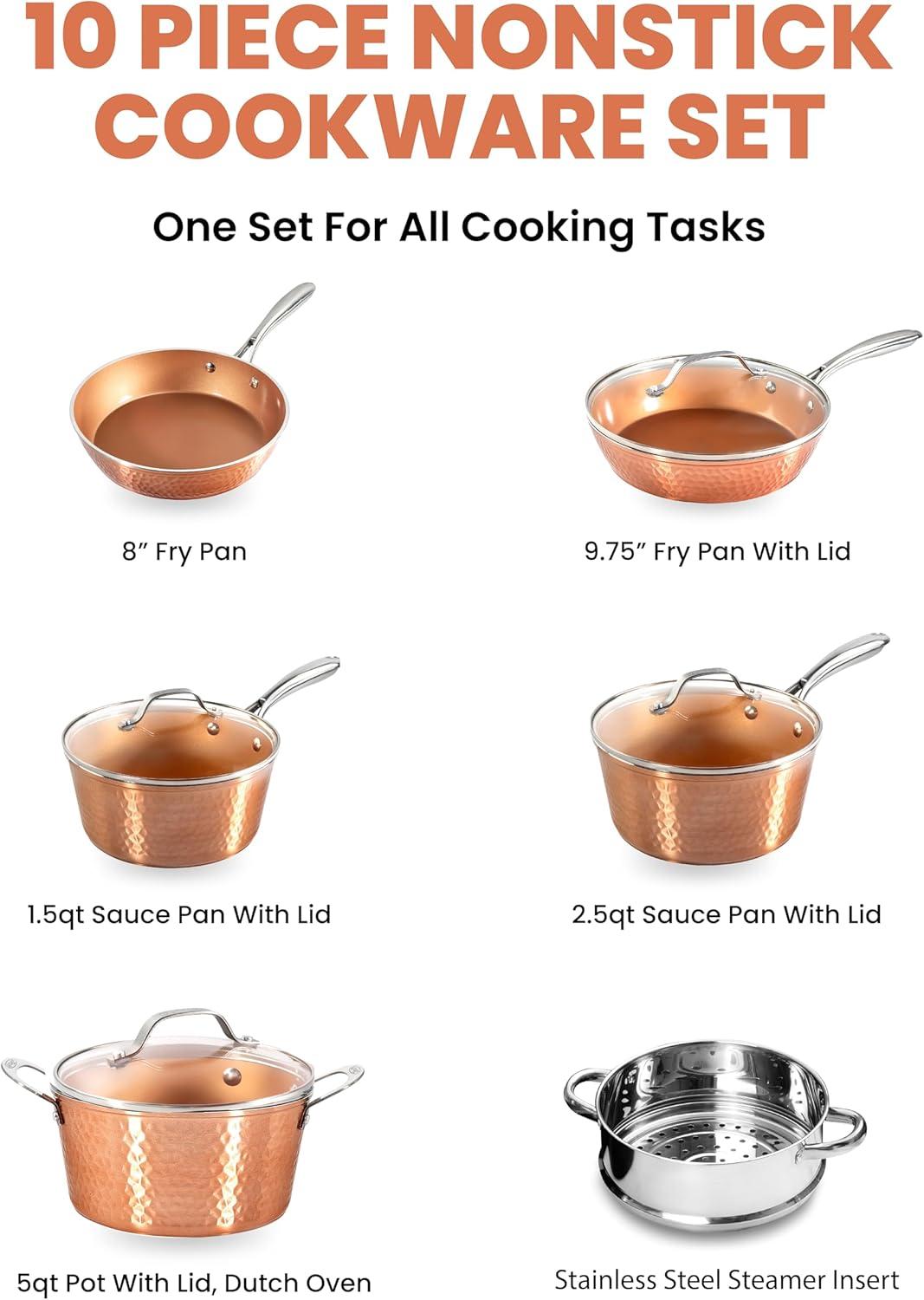 image:imageGotham Steel Hammered Copper 10 Pc Pots and Pans Set Non Stick Cookware Set Non Toxic Ceramic Cookware Set Kitchen Cookware Sets with Induction Cookware Pot and Pan Set OvenDishwasher Safe